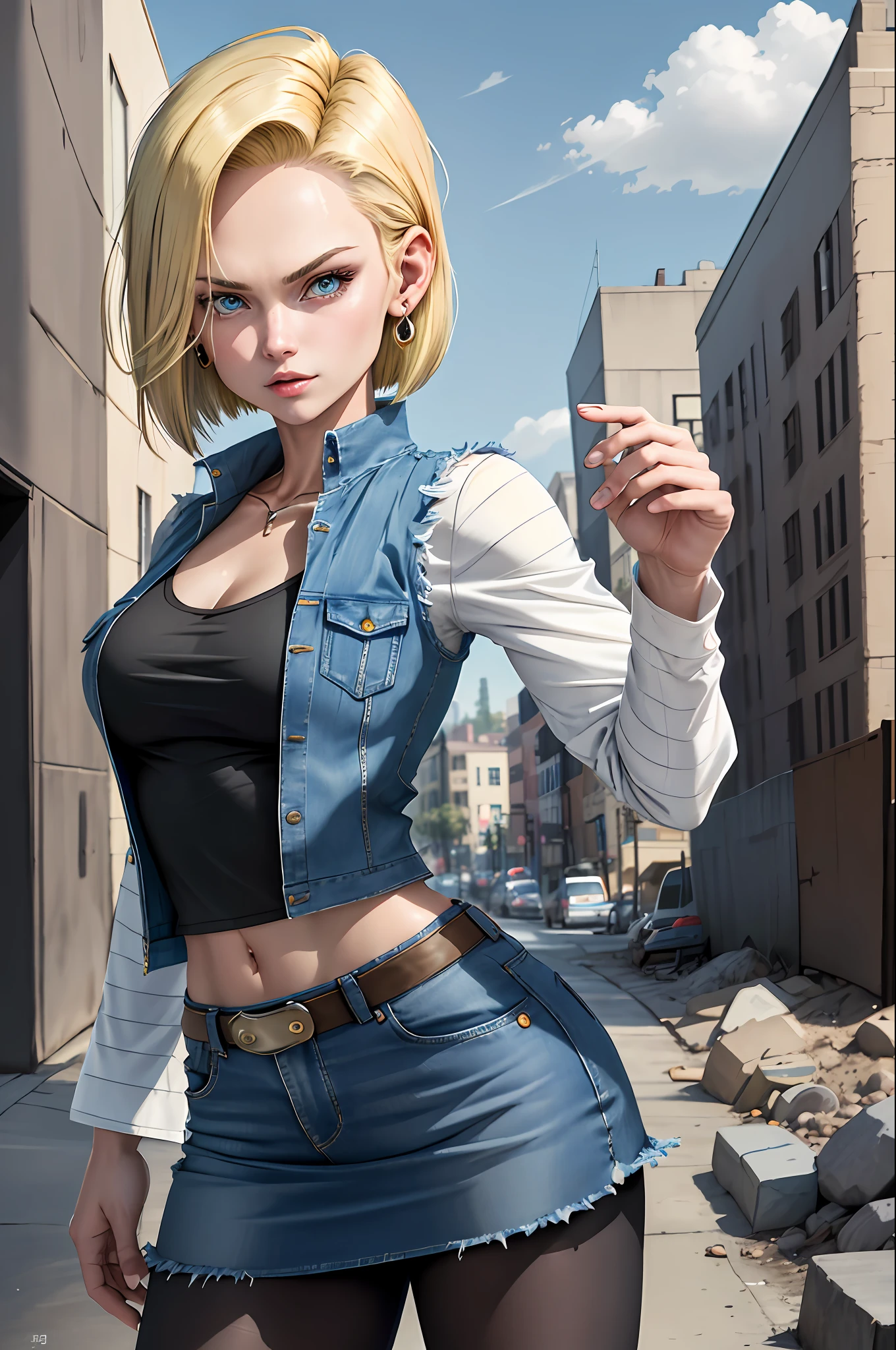 best quality, highres, and18, 1girl, android 18, solo, blonde hair, blue eyes, short hair, earrings, jewelry, denim vest, open vest, black pantyhose, black shirt, jeans skirt, striped long sleeves, blue skirt, medium breasts, cowboy shot, street, (Externally expanded chest: 1.2)