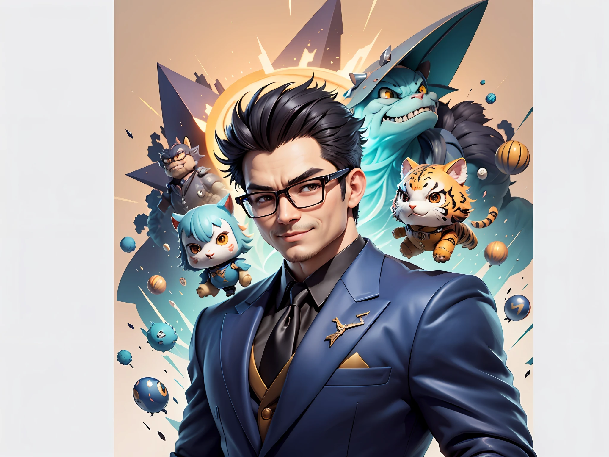 (Masterpiece), (Extreme Quality), (Super Meticulous), (Full Body: 1.2), Super Young Man, Chinese Dragon, Tiger, Wind God Thor, Sexy, Bursting, Oriental Face, TV Anchor, Bust Portrait Illustration, Black Formal Suit, Blue Tie, Slightly Chubby Face, Silver Glasses, Very Clean Face, No Beard on Chin, Black Super Short Hair, Black Eyes, Confident Smile, 3c Computer Sub-Products, iPad, iPhone, Digital Painting, 3D Character Design by Mark Claireden and Pixar and Hayao Miyazaki and Akira Toriyama, The illustration is a high-definition illustration in 4K resolution with very detailed facial features and cartoon-style visuals.