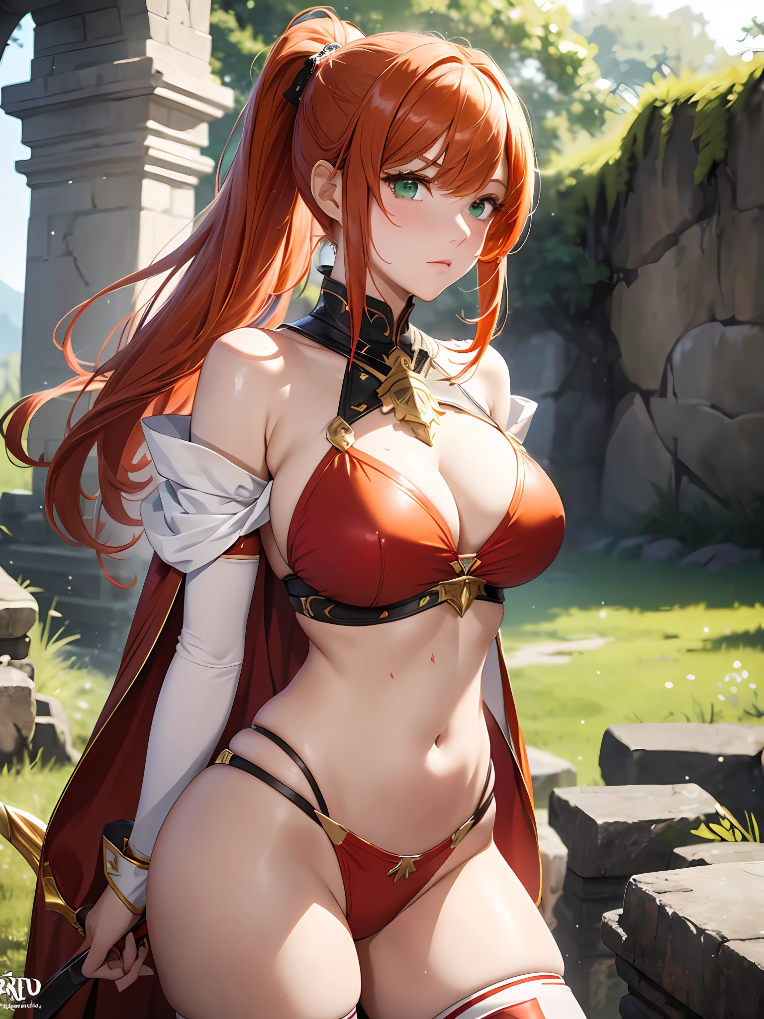 masterpiece, bset quality,detailed and clean eyes, big, hyperdimensional legend Lal, 1girl, emphasizing big, shiny skin, shiny big, 4k, female knight fighting brave monster, 1 girl,(red armor, red thong bikini、white cape、red wristband、red thighhighs、navel) , cleavage, constriction, (orange hair, long ponytail, bangs, green eyes), swords, dungeons with stone walls, background blurred, sweat, blush, hair luster, bare shoulders,