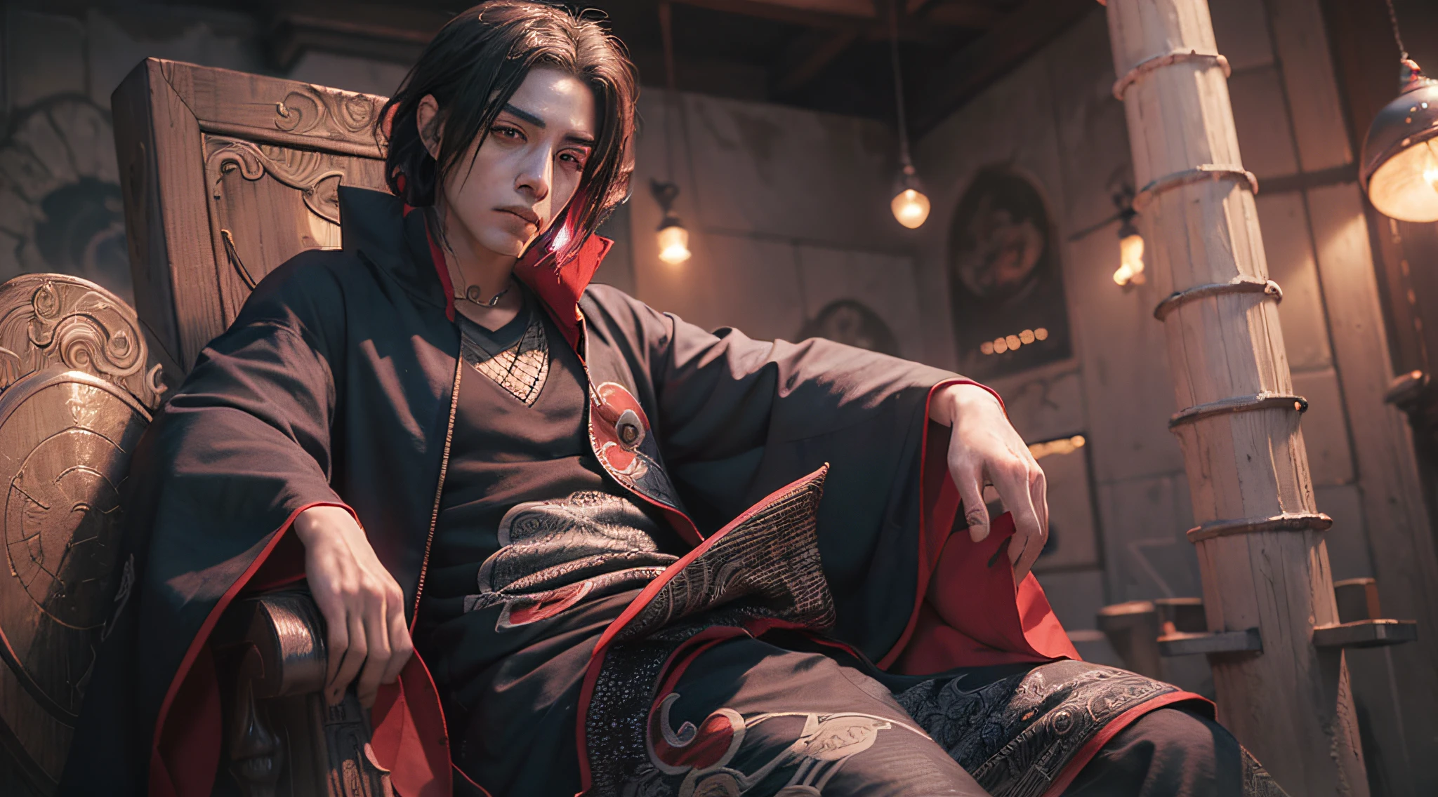 ((masterpiece))), (((best quality))), ((ultra-detailed)), (hyper-realistic), highly detailed), cinematic light, photorealistic, uchiha itachi as a king sitting on an intricate throne