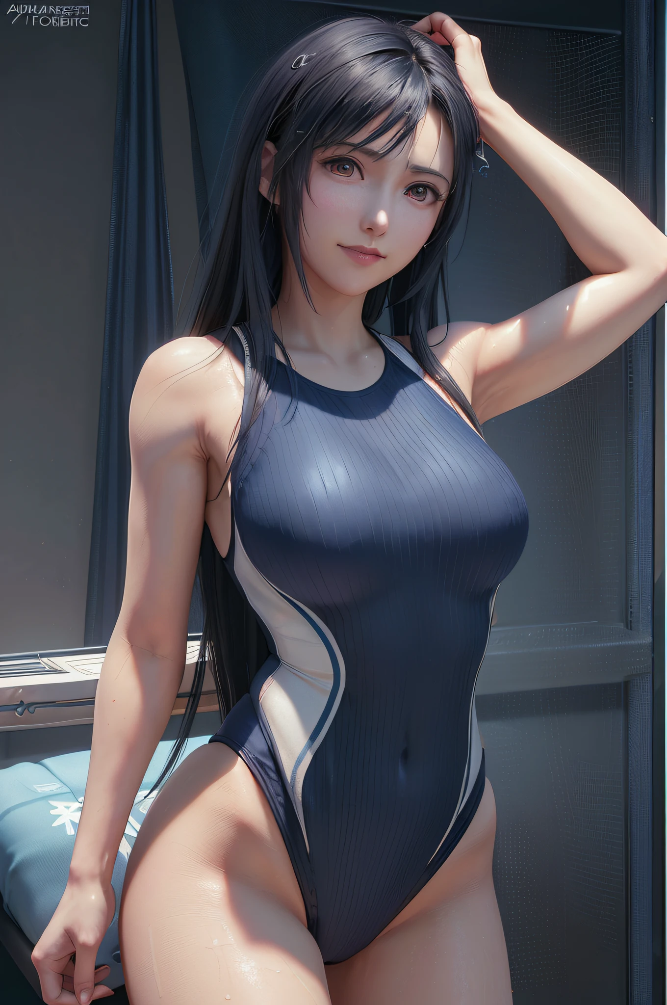 (masterpiece, ultra realistic 8k cg), top quality, best quality, (bed room), 1 girl, tifa, (full body), ((from front)), (((open stance:1.4))), (gigantic breasts:1.5), (realistic:1.7), absurdres, (ultra high res), (photorealistic:1.6), photorealistic, octane render, (hyperrealistic:1.2), (realistic skin texture), (red eyes), (beautiful eyes:1.5), (looking at viewer:1.2), (((smile:1.2)), (cute), (very long hair), (((one-piece race swimsuit color is navy blue))), (one-piece race swimsuit), (arms behind back:1.4)