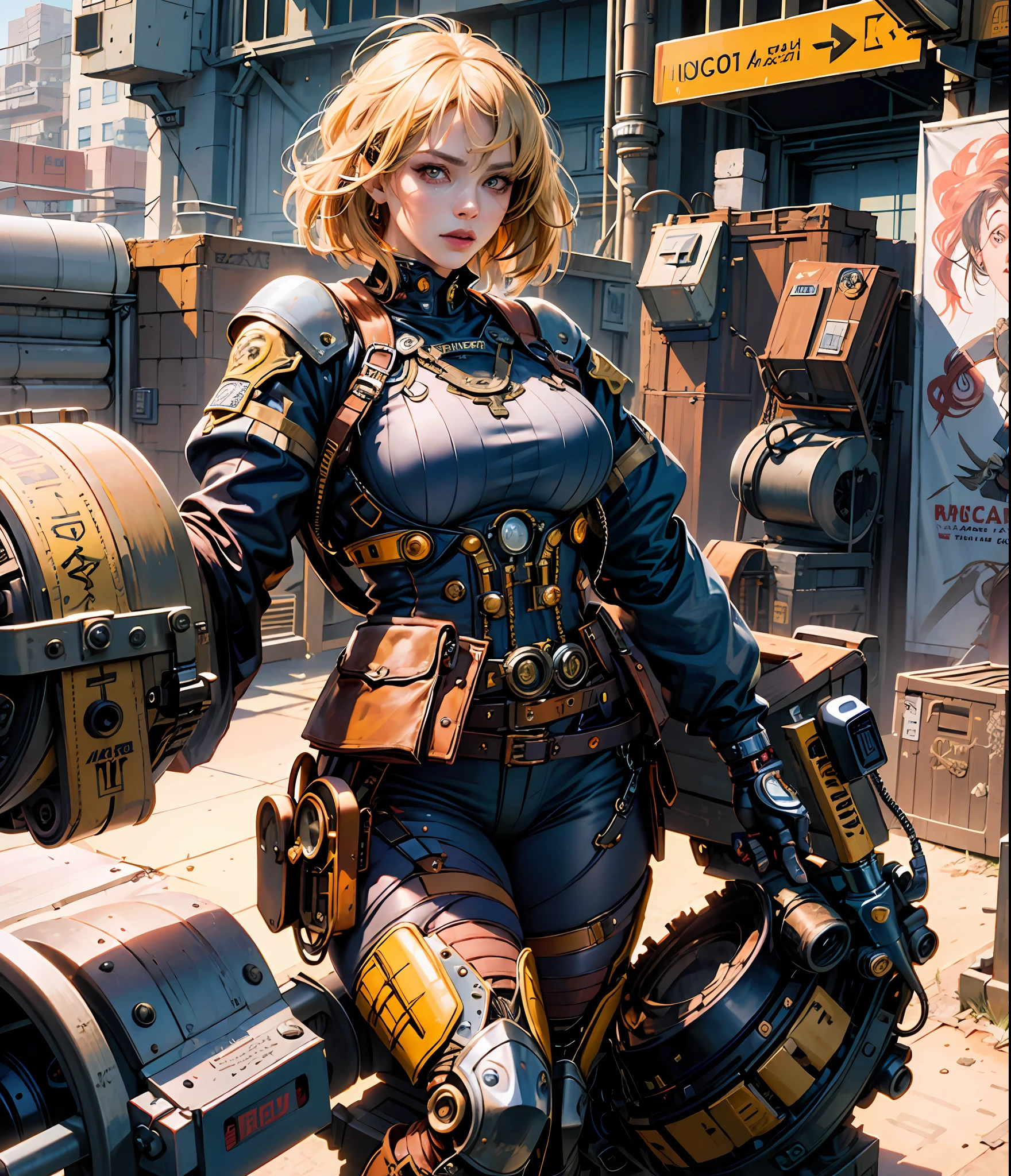 digital illustration, very intricate and hyper-detailed oil portrait by greg rutkowski, blonde heroine, cyborg arm, realistic eyes, gorgeous, seductive, hypperrealistic face,uniform skin 4k realist , heroic pose full body picture, yellow thunder powers ,big breasts, magenta lips,very short hair, blue top and orange pants, thick thighs