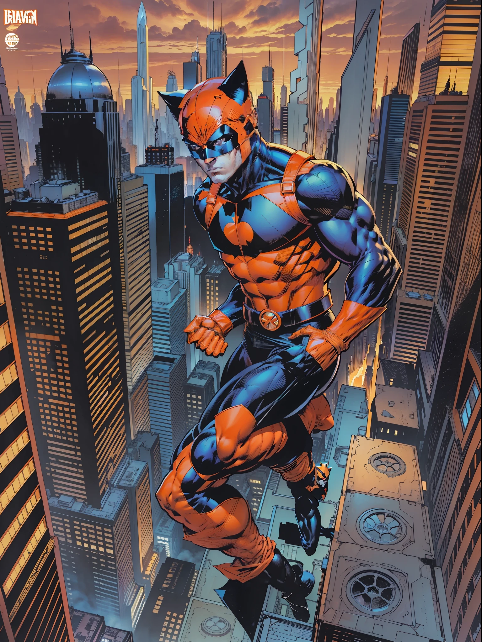 Beautiful man of 22 years, orange mask with feline ears, orange brusa, black long sleeves, orange gloves, black belt, orange and black pants, black shoes, Super Hero, full body character, on top of a building looking at the view, city background, comic book cover