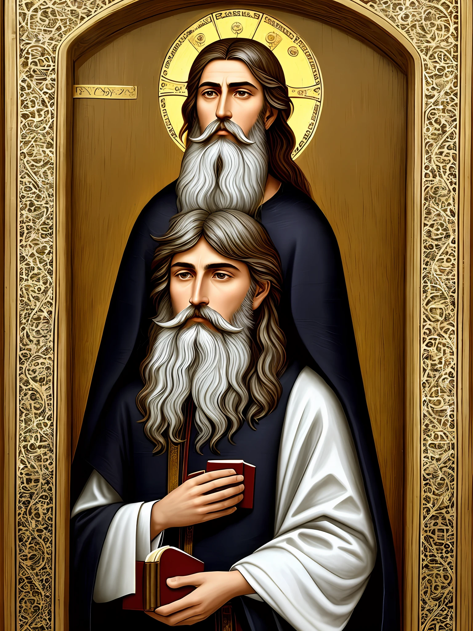Saint Cyprian: He is depicted as a wise-looking and enigmatic man with long hair and a dense beard. He is dressed in clothes typical of a scholar of antiquity, such as a tunic or robe. St. Cyprian used to hold a book in one hand, symbolizing his mystical knowledge and abilities.