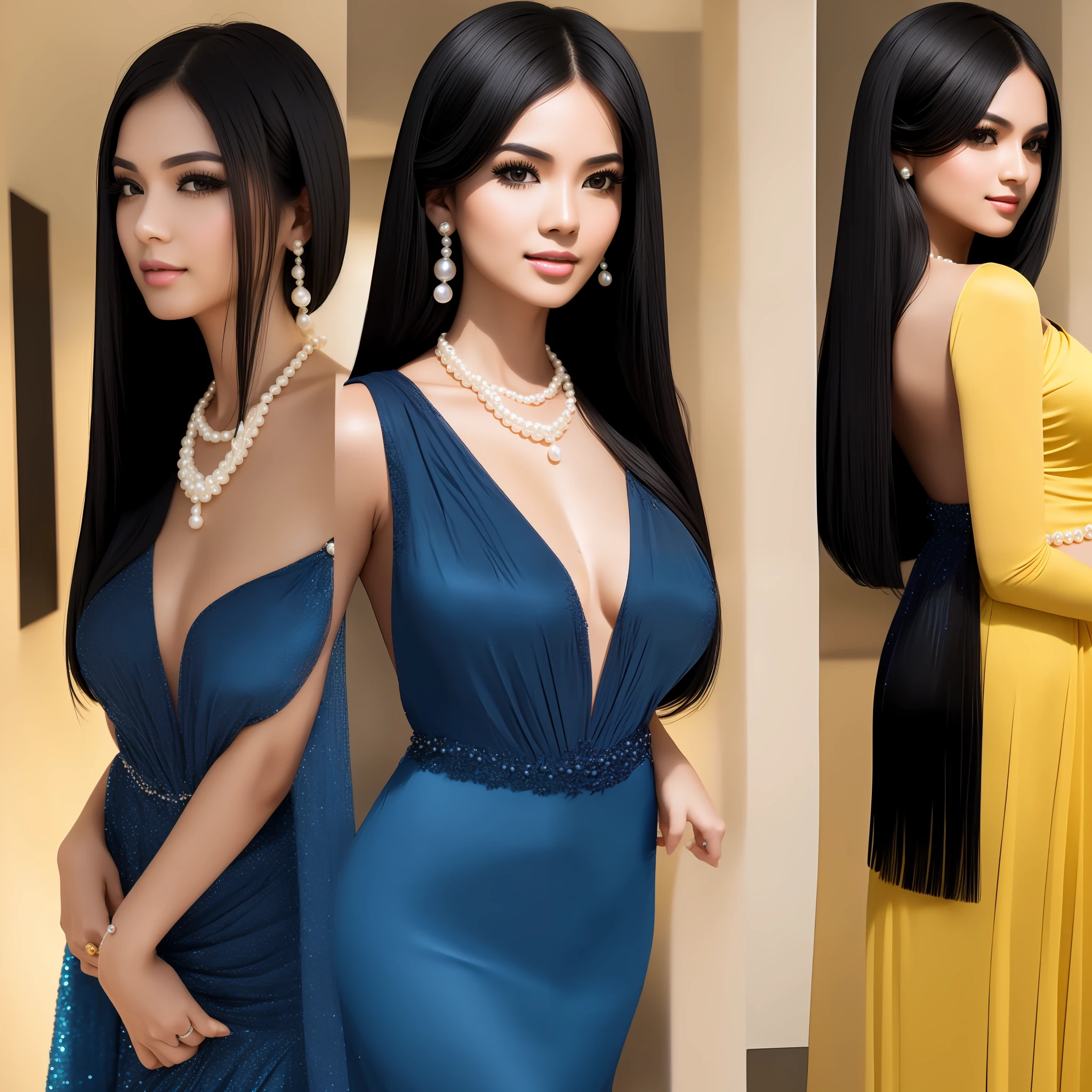 a woman, straight black hair, intermediate body in the picture, posing for photo, social shirt, social cause, pearl necklace, (blue gala dress with yellow detail) (realistic skin)