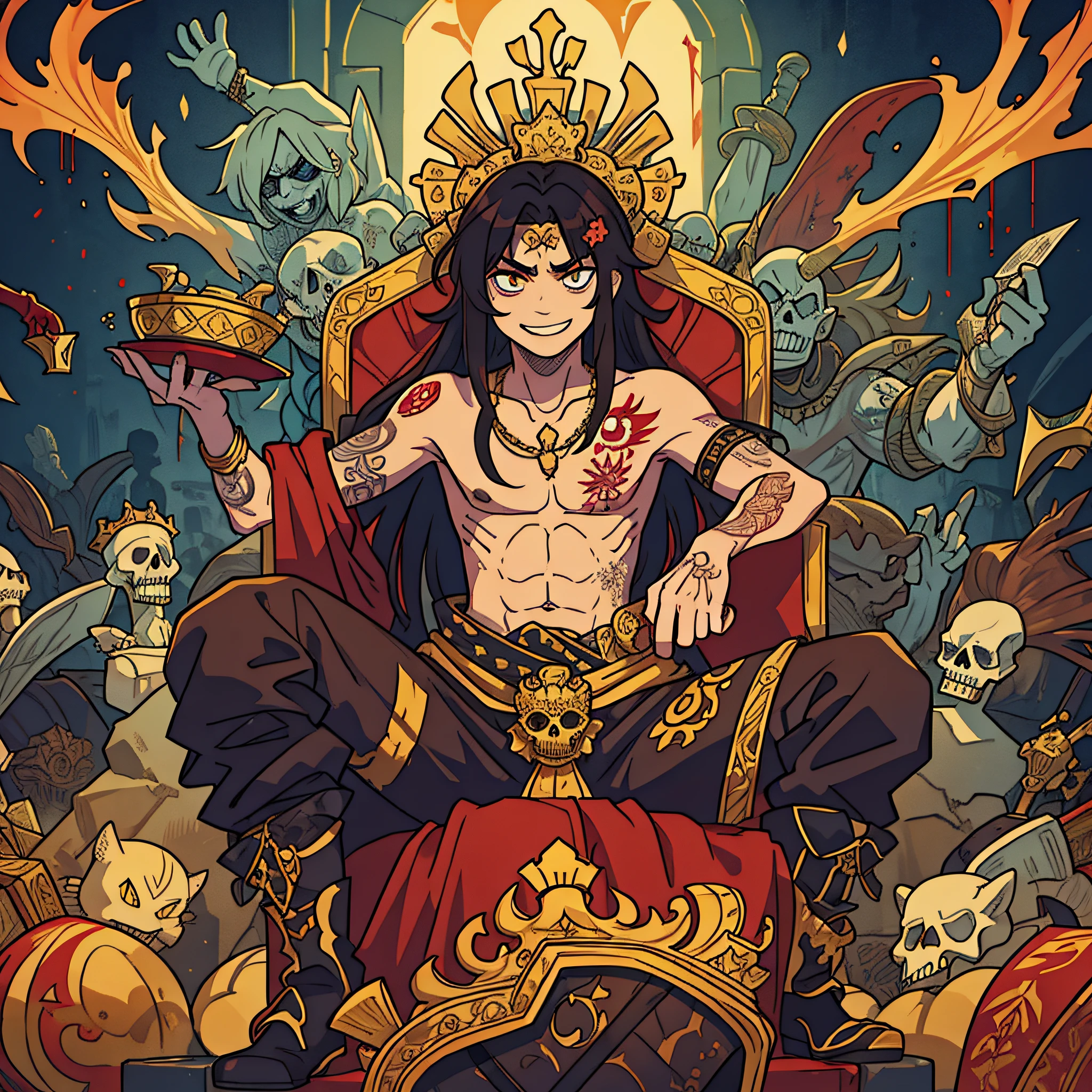 A king with messy hair with tattoos and a macabre smile and blood, crazy character sitting on his throne with thousands of gold scattered. climate of fear and terror. SUPER DETAILED