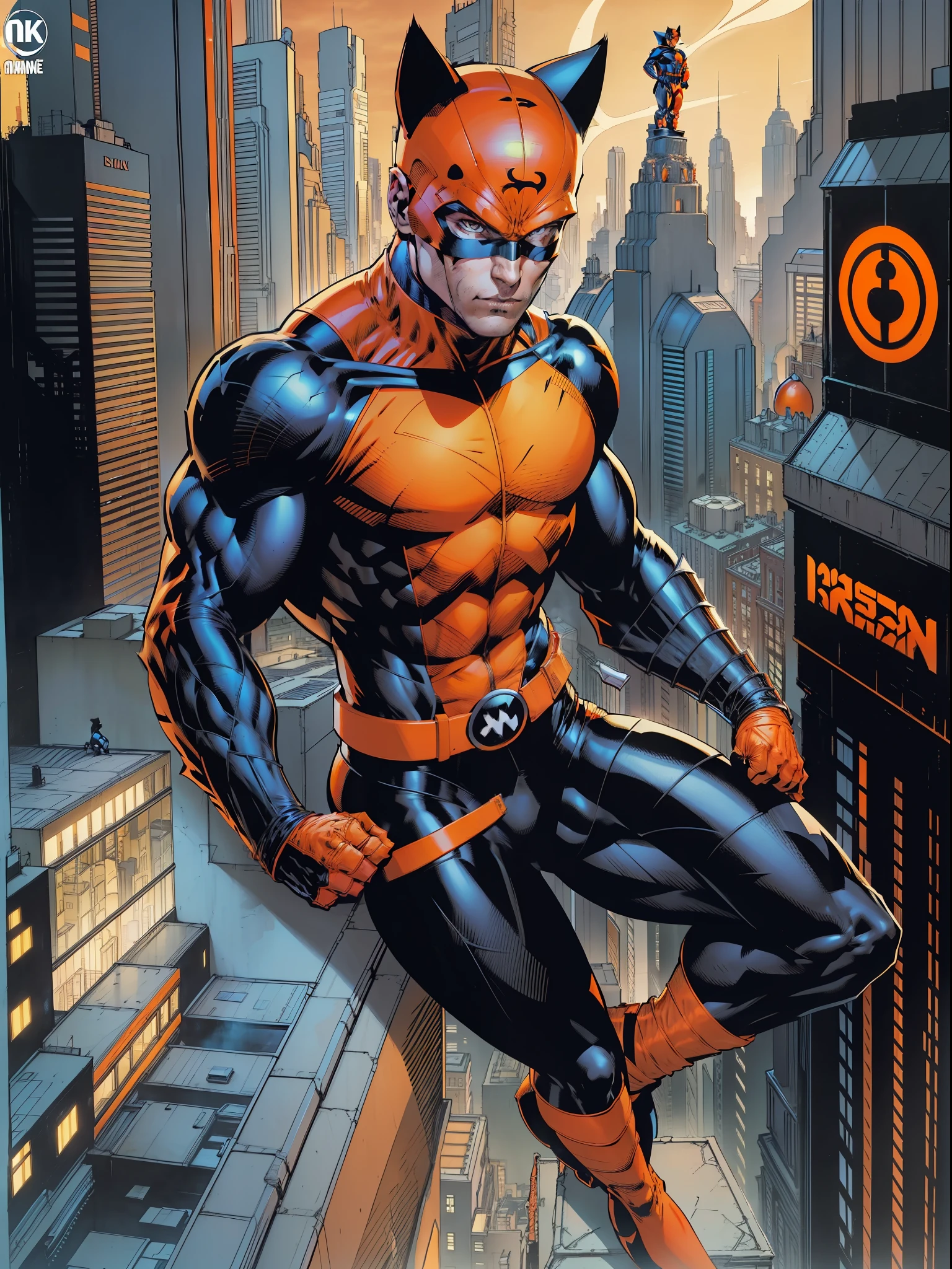 Beautiful man of 22 years, orange mask with feline ears, orange brusa, black long sleeves, orange gloves, black belt, orange and black pants, black shoes, Super Hero, full body character, on top of a building looking at the view, city background, comic book cover