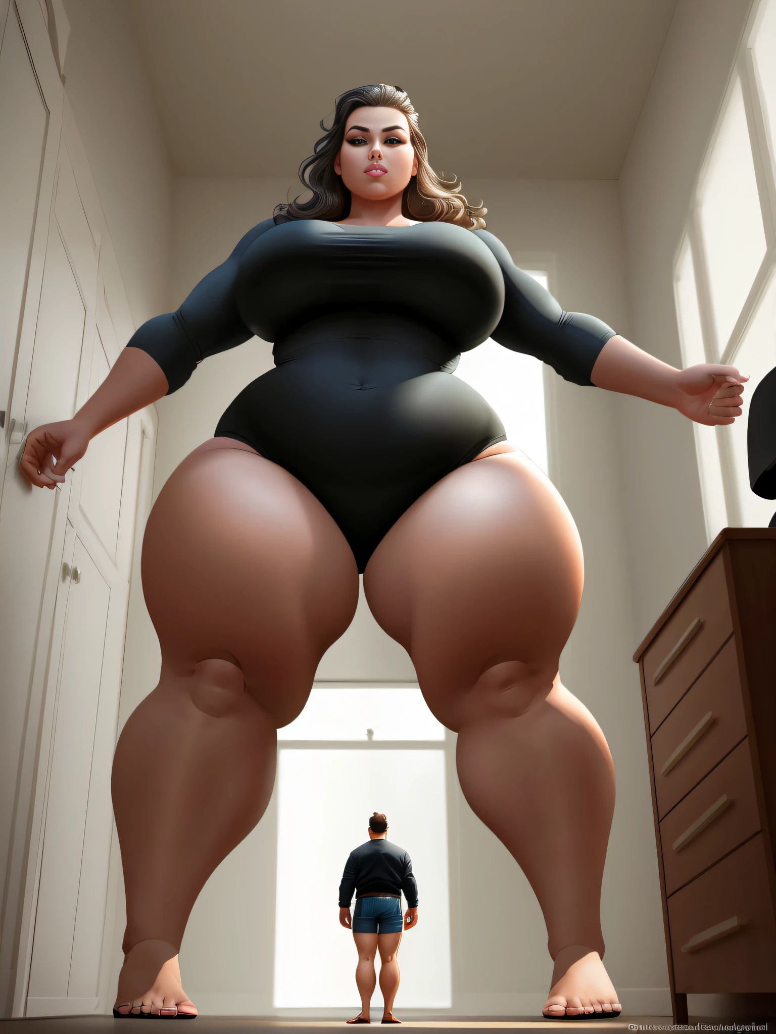 araffe woman standing on a step with a man standing behind her, giantess art, massive legs towering over you, giantess, highly detailed giantess shot, powerful and huge, thicc, giant legs, large thighs, hyperrealistic full figure, thick body, beautiful thick female, macro giantess, extremely detailed giantess shot, thick legs