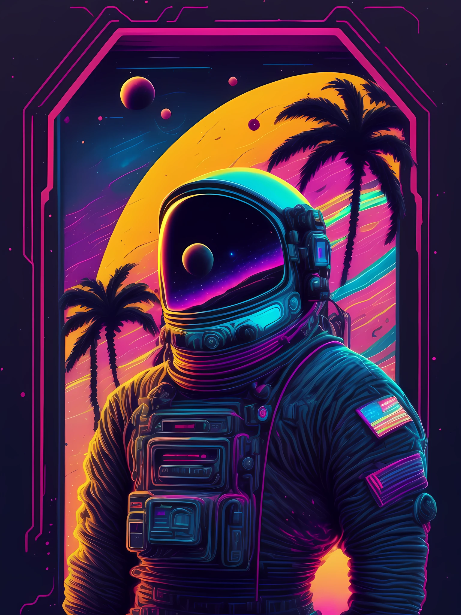 a man in a space suit standing in front of a doorway, portal to outer space, looking out into space, neon landscape, masterpiece epic retrowave art, epic retrowave art, synthwave art style, retrowave art, beautiful art uhd 4 k, outrun art style, retrowave epic art, vaporwave,retro wave, synthwave art, outrun style and colours,jen bartel,surreal space,fantasy space, outer space.