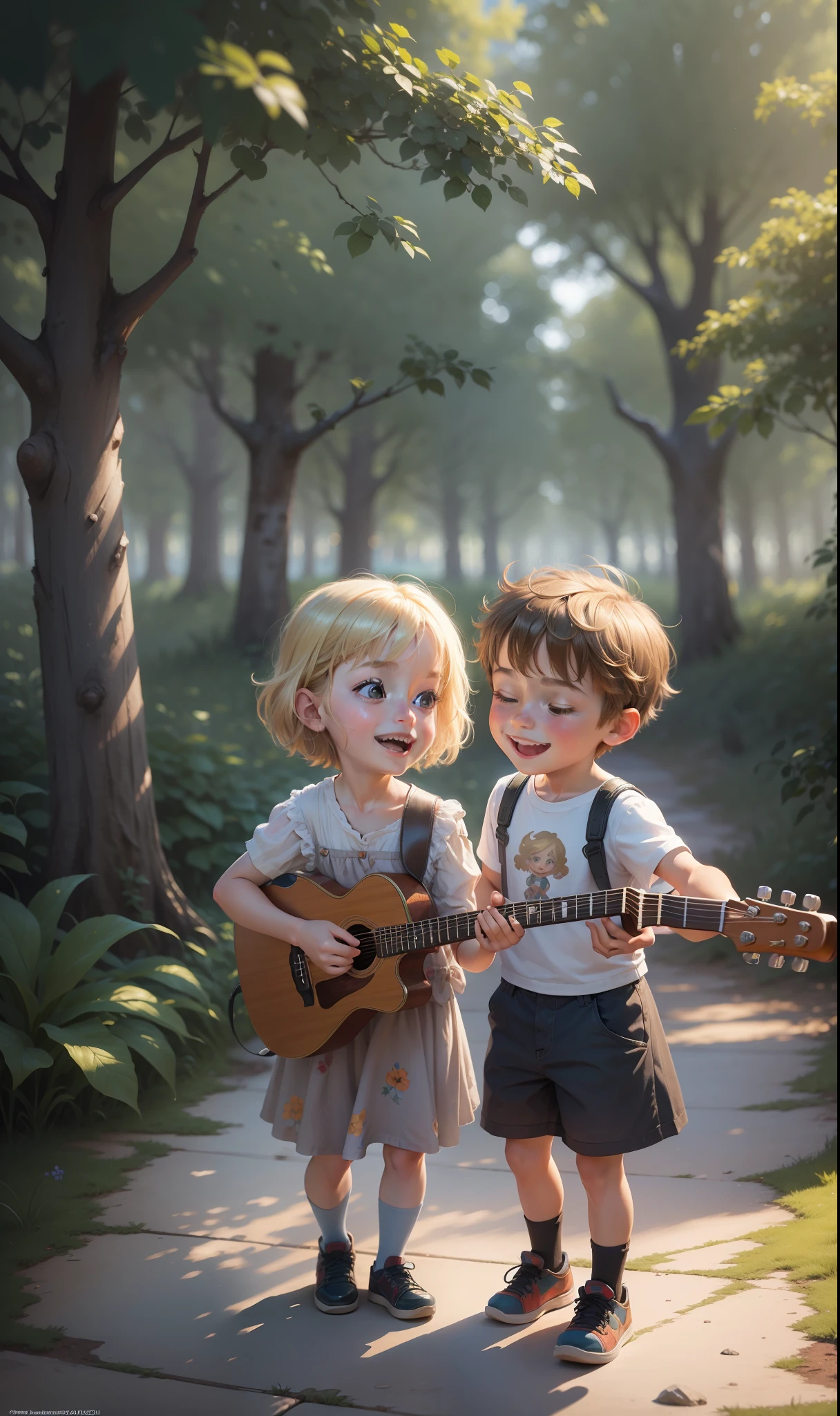 painting of two children looking at each other, a blonde girl and a brown-haired boy, cheerful, happy, looking at each other with a look of brotherhood, love, boy playing guitar in a forest, 3d drawing of friends, by Craig Davison, by Elaine Hamilton, playing little viola, by Orshi Drozdik, in the style of movie Shrek, animated film still, 3D animated film still, digital painting disney pixar adorable, by Eugeniusz Zak, cute art, by Nándor Katona, masterpiece, high quality. --auto --s2