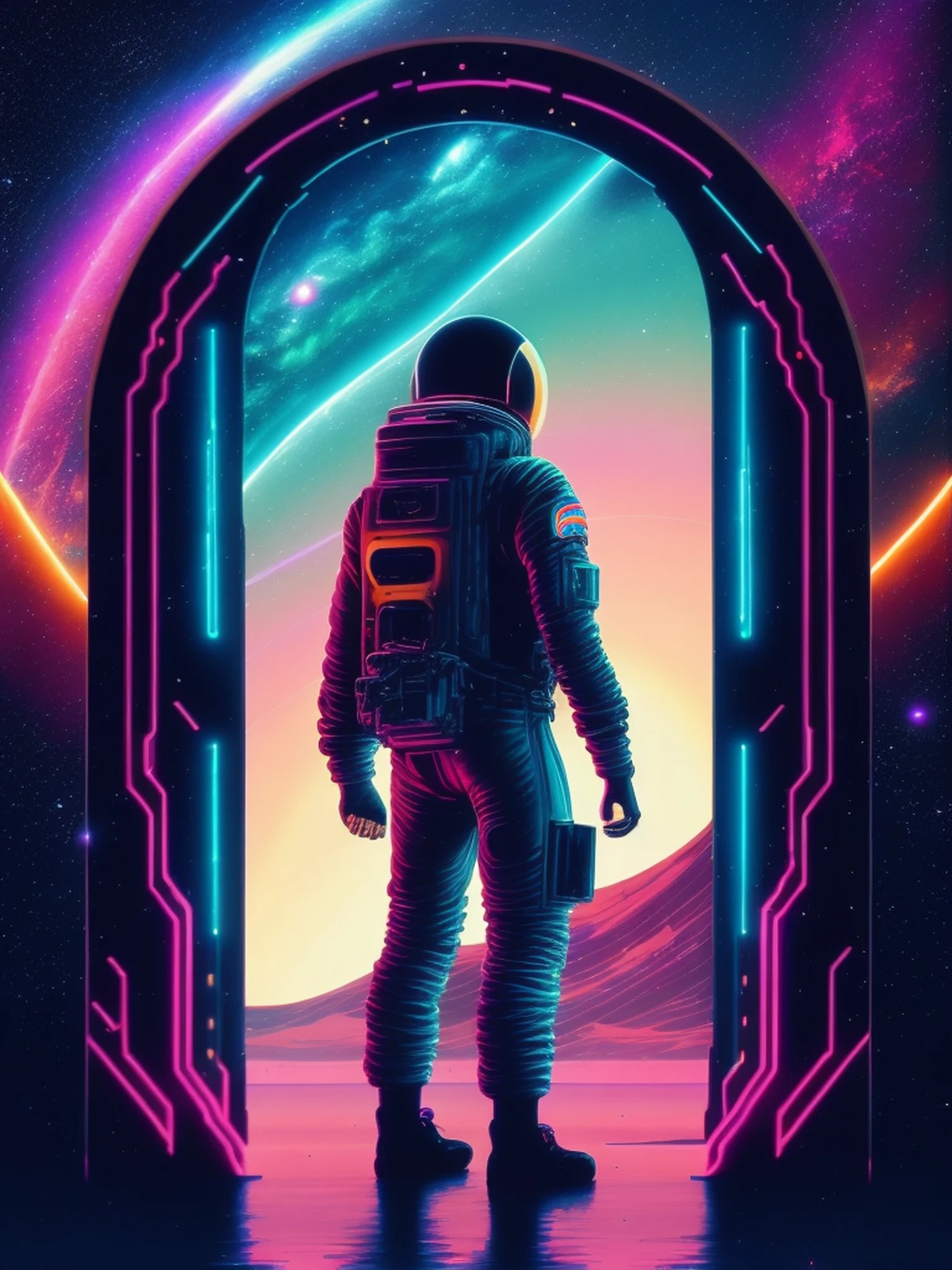 a man in a space suit standing in front of a doorway, portal to outer space, looking out into space, neon landscape, masterpiece epic retrowave art, epic retrowave art, synthwave art style, retrowave art, beautiful art uhd 4 k, outrun art style, retrowave epic art, vaporwave,retro wave, synthwave art, outrun style and colours,jen bartel,surreal space,fantasy space, outer space.