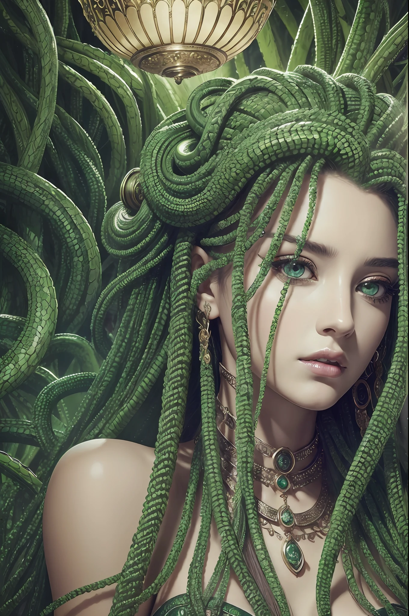 Absurd, ultra-detailed, high quality, detailed face, beautiful eyes, Medusa, the Gorgon, the Gorgon with serpent hair, possesses a complex mix of beauty and terror, mesmerizing gaze,