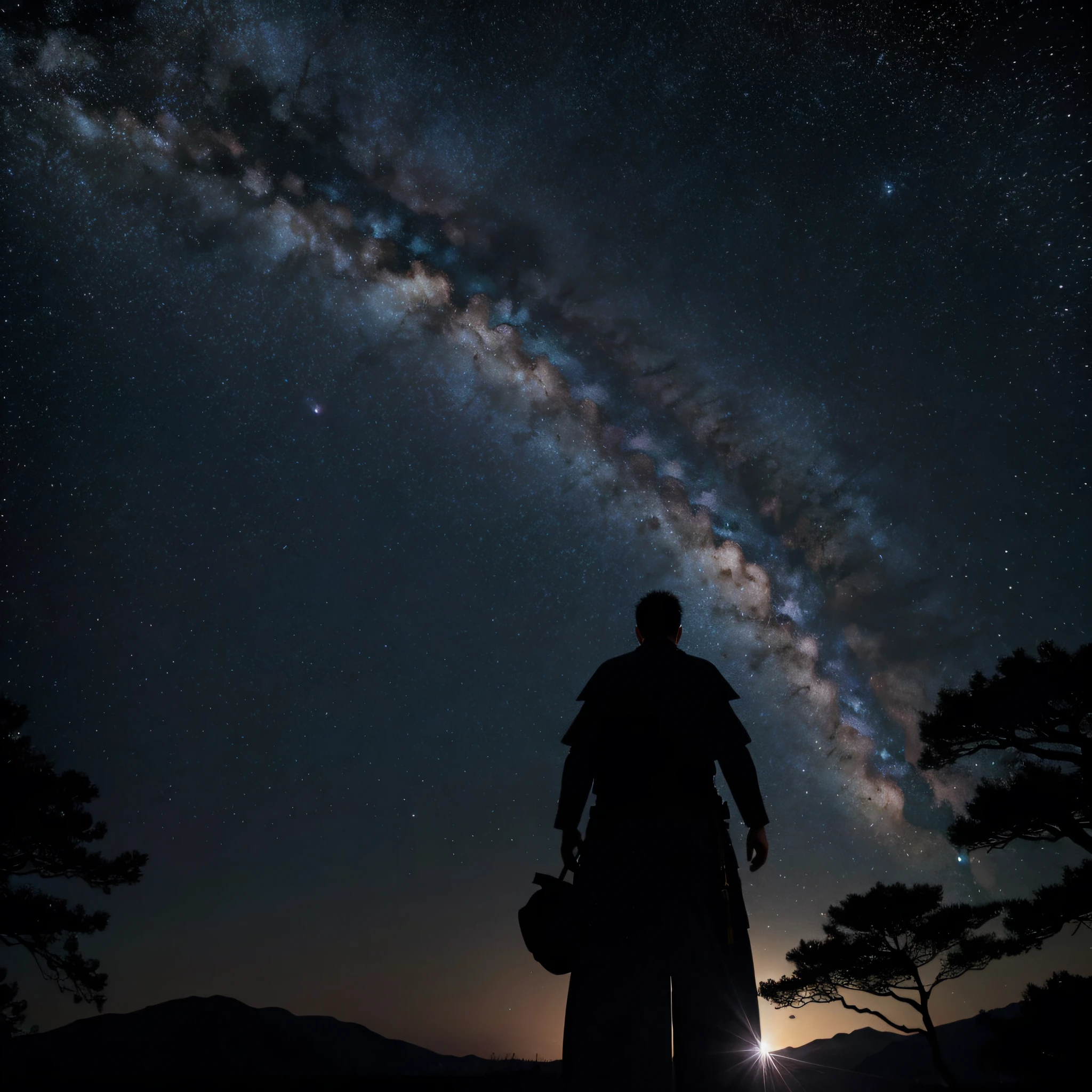 Huge Milky Way, starry clear night sky, can see the brilliant Milky Way starry sky in the sky, accompanied by a bright full moon, there is a Chinese man warrior at the bottom left, looking up at a 45-degree perspective, back close-up, fairy style