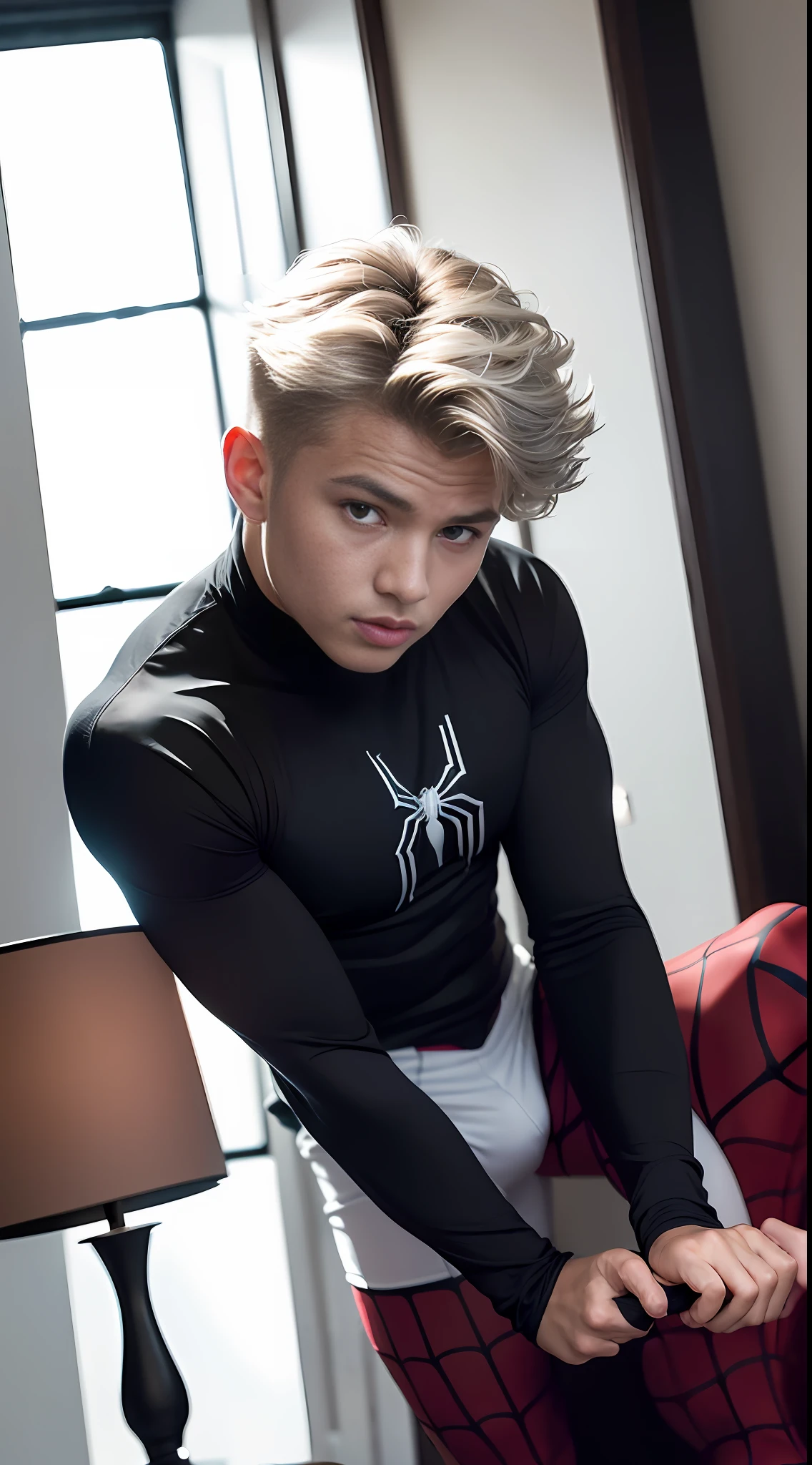 (Extreme Detail CG Unity 8K wallpaper, masterpiece, high quality), (Exquisite lighting and shadow, highly dramatic image, cinematic lens effect), a blonde boy, 18 years old in a black Spider-Man costume, silver gray hair color, from the parallel universe of Spider-Man, Wenger, Marvel, Spider-Man, sitting on the couch, dynamic pose), (excellent detail, excellent lighting, wide angle), (excellent rendering,  enough to stand out in his class), focus on white Spider-Man costumes, complex spider textures