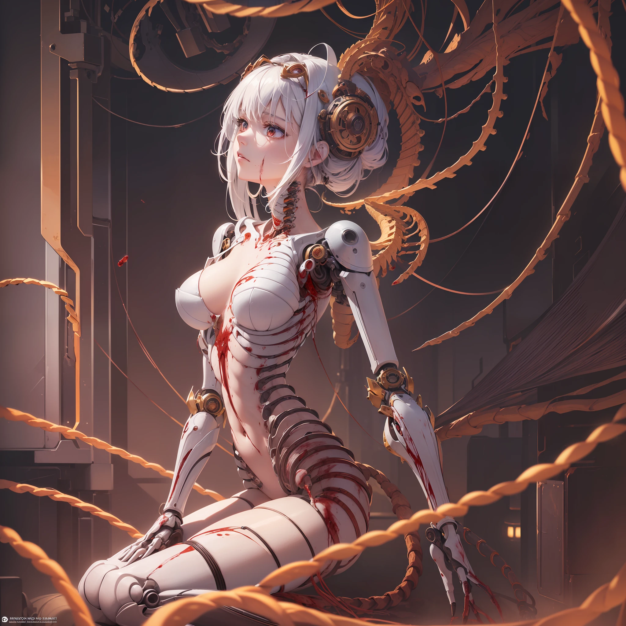 (masterpiece, top quality, best quality, official art, beautiful and aesthetic:1.2), (1girl:1.3), extreme detailed,colorful,highest detailed ((ultra-detailed)), (highly detailed CG illustration), ((an extremely delicate and beautiful)),(from side),cinematic light,((1mechanical girl)),solo,full body,(machine made joints:1.2),((machanical limbs)),(blood vessels connected to tubes),(mechanical vertebra attaching to back),((mechanical cervial attaching to neck)),(sitting),expressionless,(wires and cables attaching to neck:1.2),(wires and cables on head:1.2)(character focus),science fiction,white background,(blood:1.5)