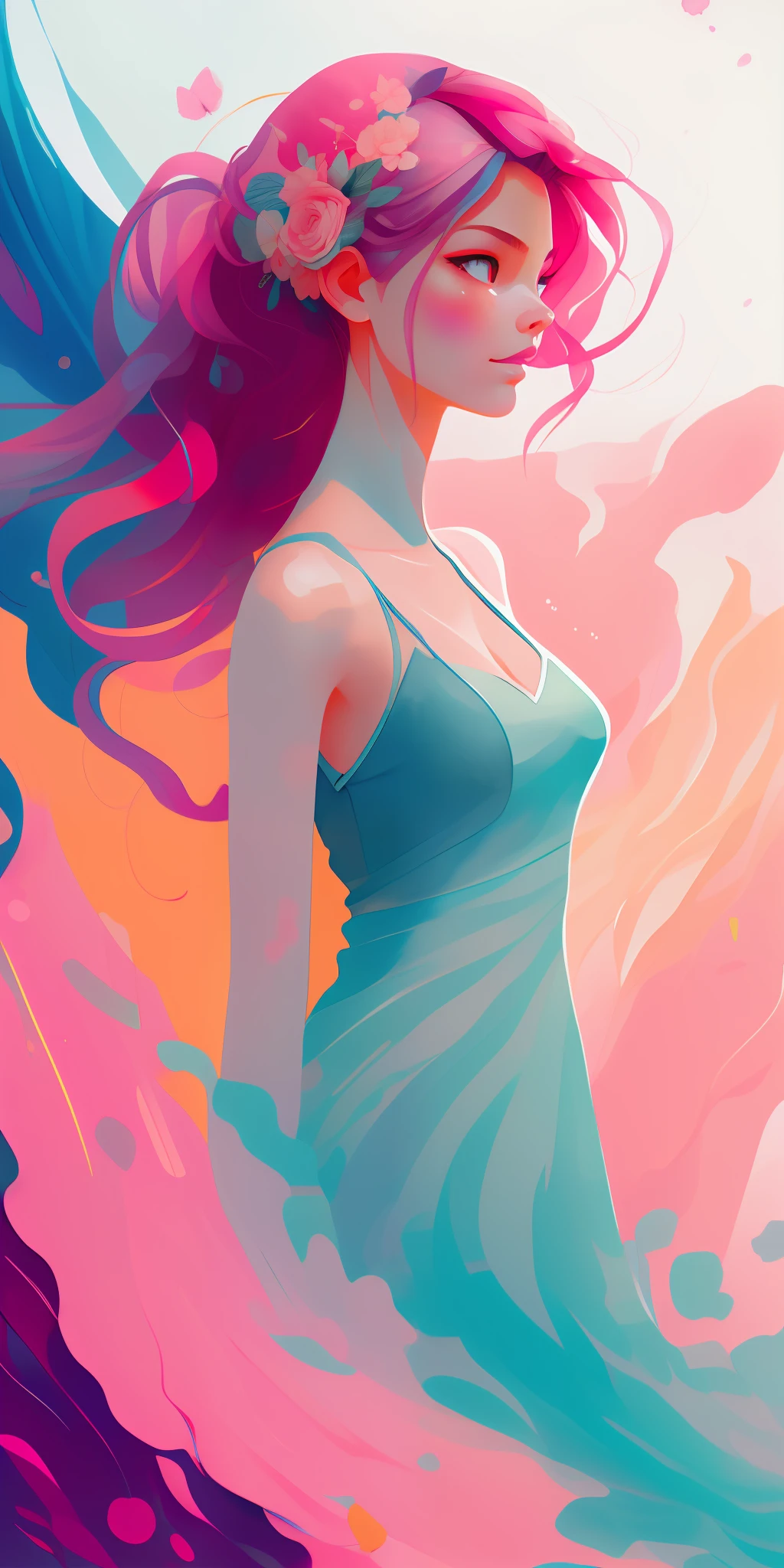 wtrcolor style, (pink) digital art, official art, blown by the wind, masterpiece, beautiful,highest quality, high resolution image,8k, most beautiful woman, sweet smile, sexy dress,redhead, little butterflies in hair, abundant hair,hair disheveled by the wind, rose petals in the air,((watercolor)), paint splash, intricate detail. Great detail, [drip: 0.7], Trends in Artstation, Rachel Walker