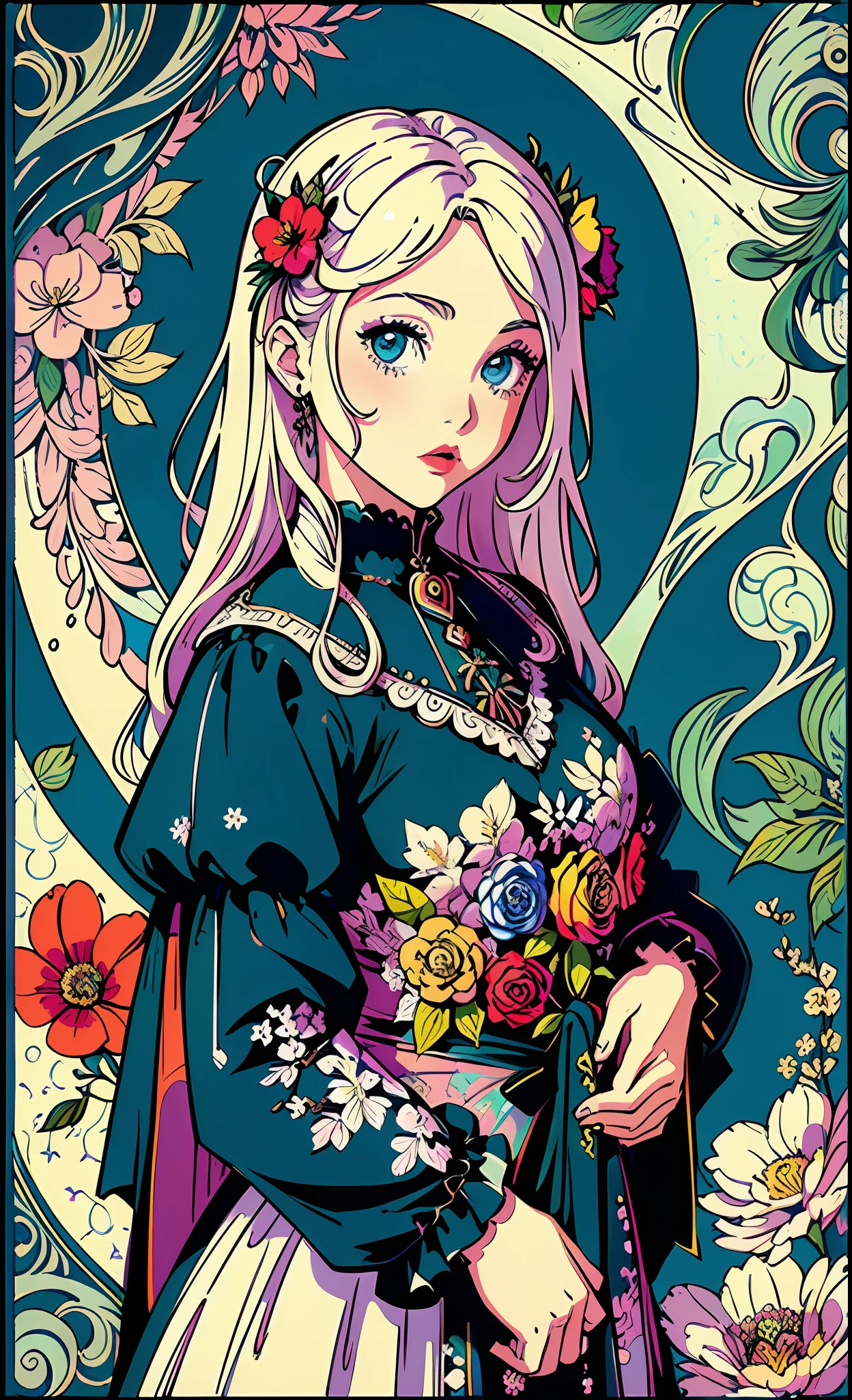 (masterpiece, top quality, best, official art, beautiful and aesthetic:1.2),
1girl, (pop art:1.4), (zentangle, flower effects:1.2), (art nouveau:1.1),(Gothic Lolita:1.3)
