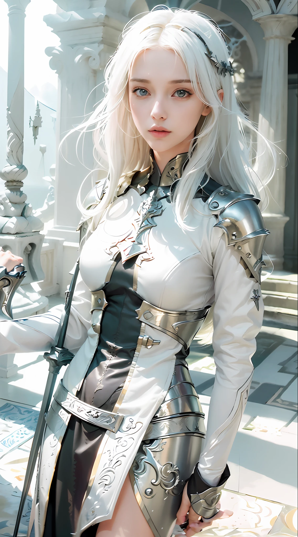 blond haired woman in armor posing for a picture in a courtyard, gorgeous female paladin, glossy white armor, from lineage 2, with sleek silver armor, stunning armor, sleek white armor, white armor, sleek bright white armor, of a beautiful female knight, beautiful armor, beautiful female knight, modern clean white armor, with a light leather armor, detailed white armor