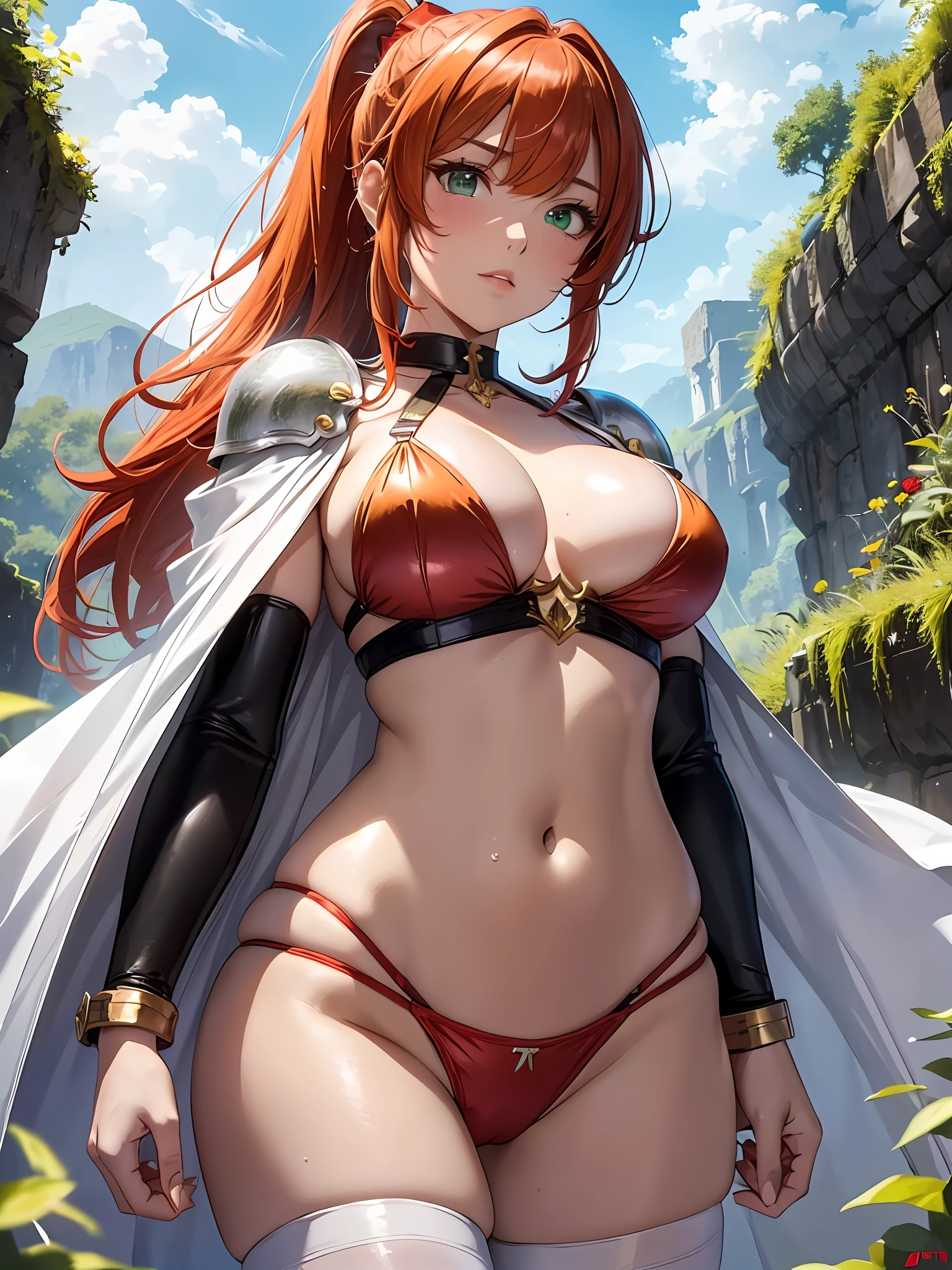 anime style、masterpiece、highest quality、1 girl、(big breasts:1.3、shiny skin:1.5、blush)、satella、serious、blonde hair、long hair、cowboy shot、dress、brown cross lace shoes、cleavage、black ribbon、juliet sleeves、from below、from belowのアングル、Low-angle perspective, from below見上げる構成
