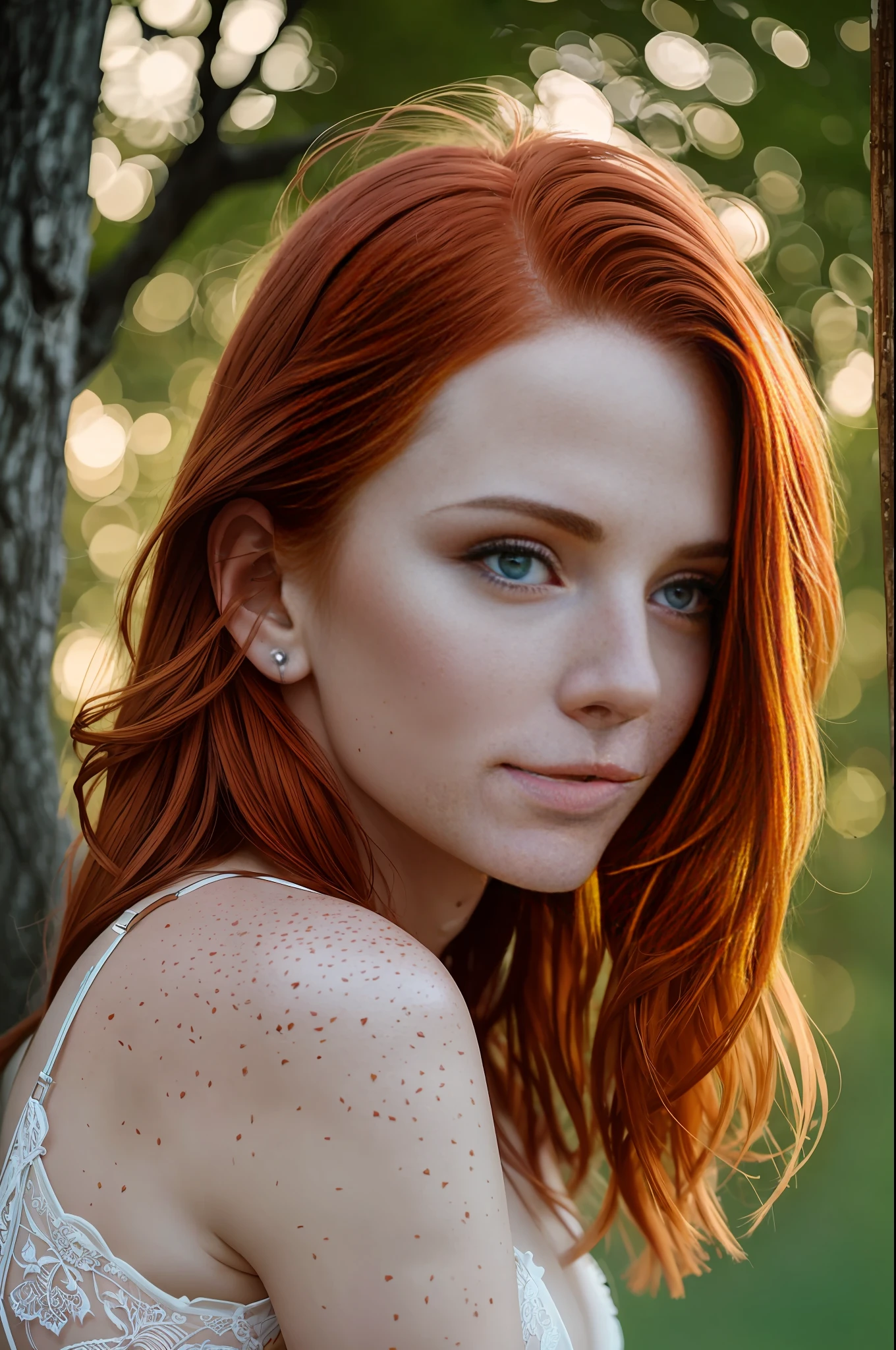 A portrait of a 30-year-old redhead, a few small freckles, in lingerie, peeled, leaning against a tree in the middle of nature, goosebumps, cinematic, faded colors, dark shot, muted colors, grainy film, lut, crazy details, complex details, hyperdetailed, sunset, shyness, seduction, romanticism, love look, f 7