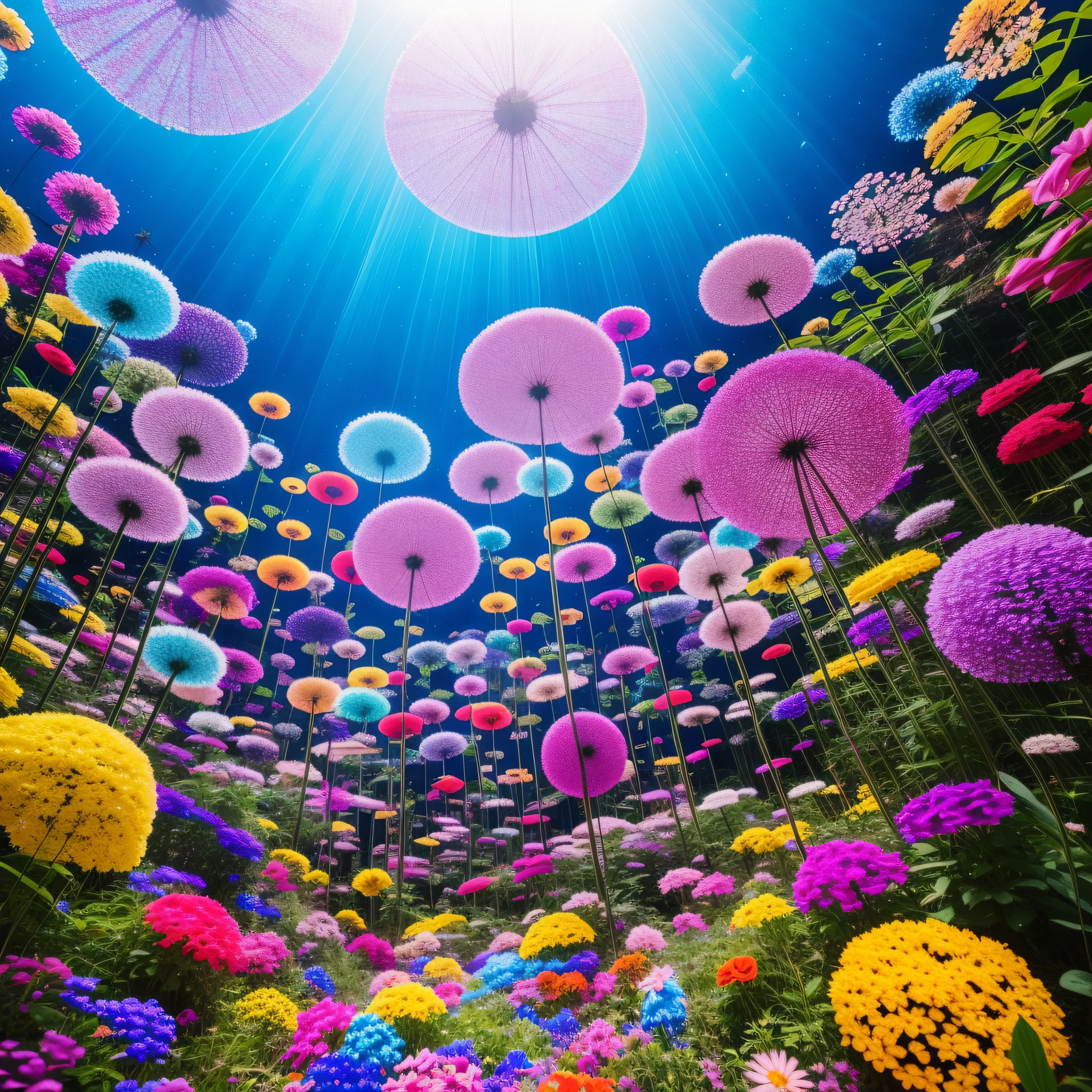 The habitat of ants is round, glassy. Big colorful ants, disco, flowers.