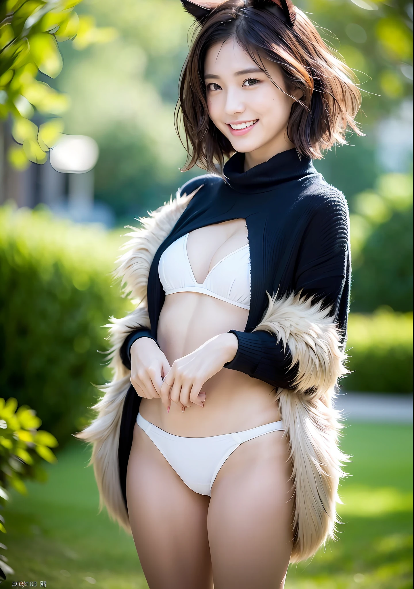 ((top quality, 8k, masterpiece: 1.3)), women (full body portrait, standing, hands on , wearing fur material , cat ears, smiling), outdoors, in the lawn park, overhead camera, sharp focus: 1.2, cute women: 1.4, (((brown, bobcut, disheveled hair)), highly detailed face and skin and hair texture, wet texture hair, wet body, detailed eyes, Double eyelids, white skin, beautiful legs, beautiful delicate nose, cute young Japan woman, 26 years old, with dynamic angles, exuding an uplifting emotion characterized by a soothing tone and contrasting mix of light and shadow, while emphasizing the subject's hair, eyes, mouth and action, it is a composition pleasing to the eye and .