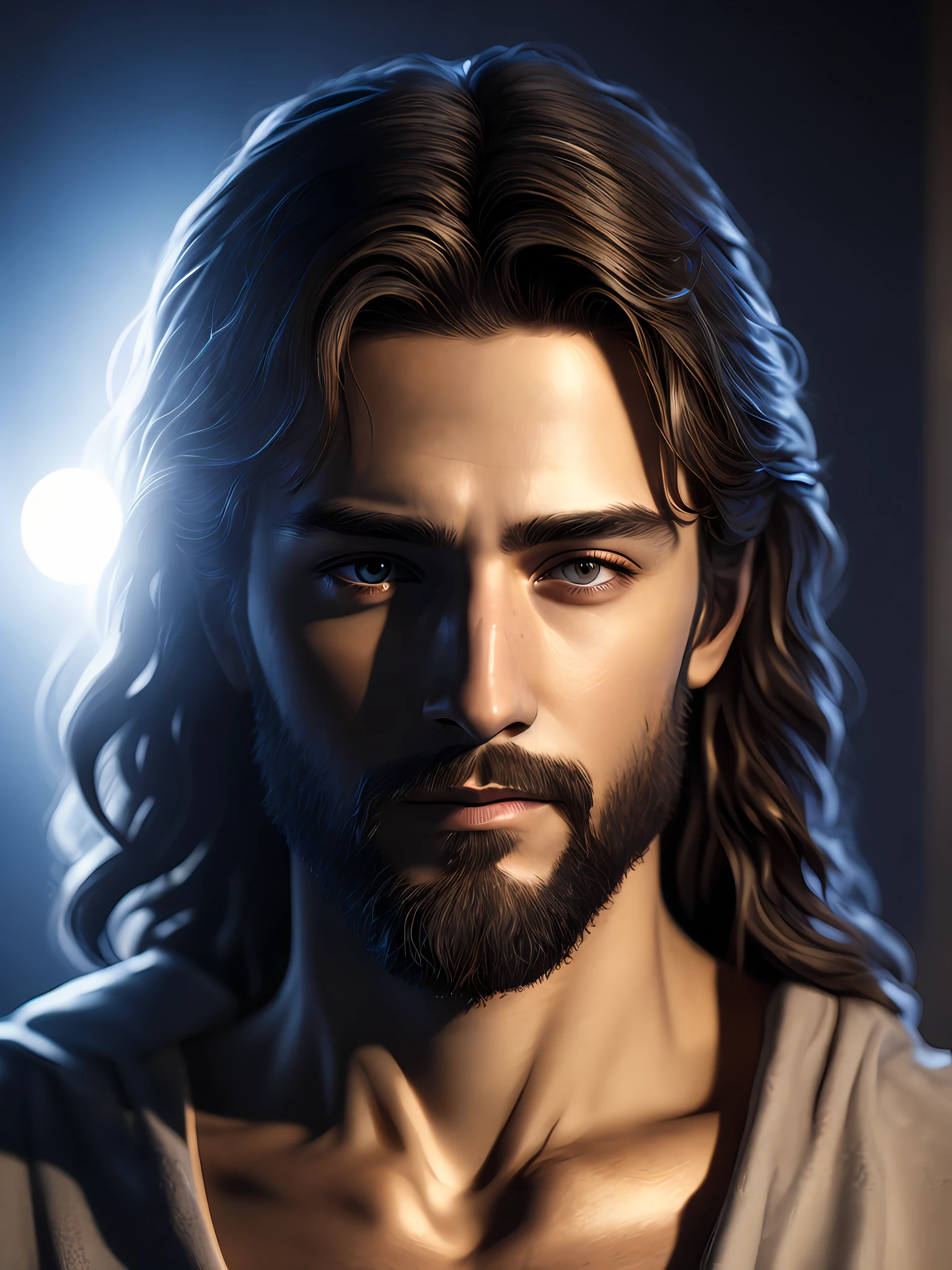 close-up photo of jesus, soft volumetric lights (backlighting: 1.3), (kinematics: 1.2), intricate details (ArtStation: 1.3), Rutkowski