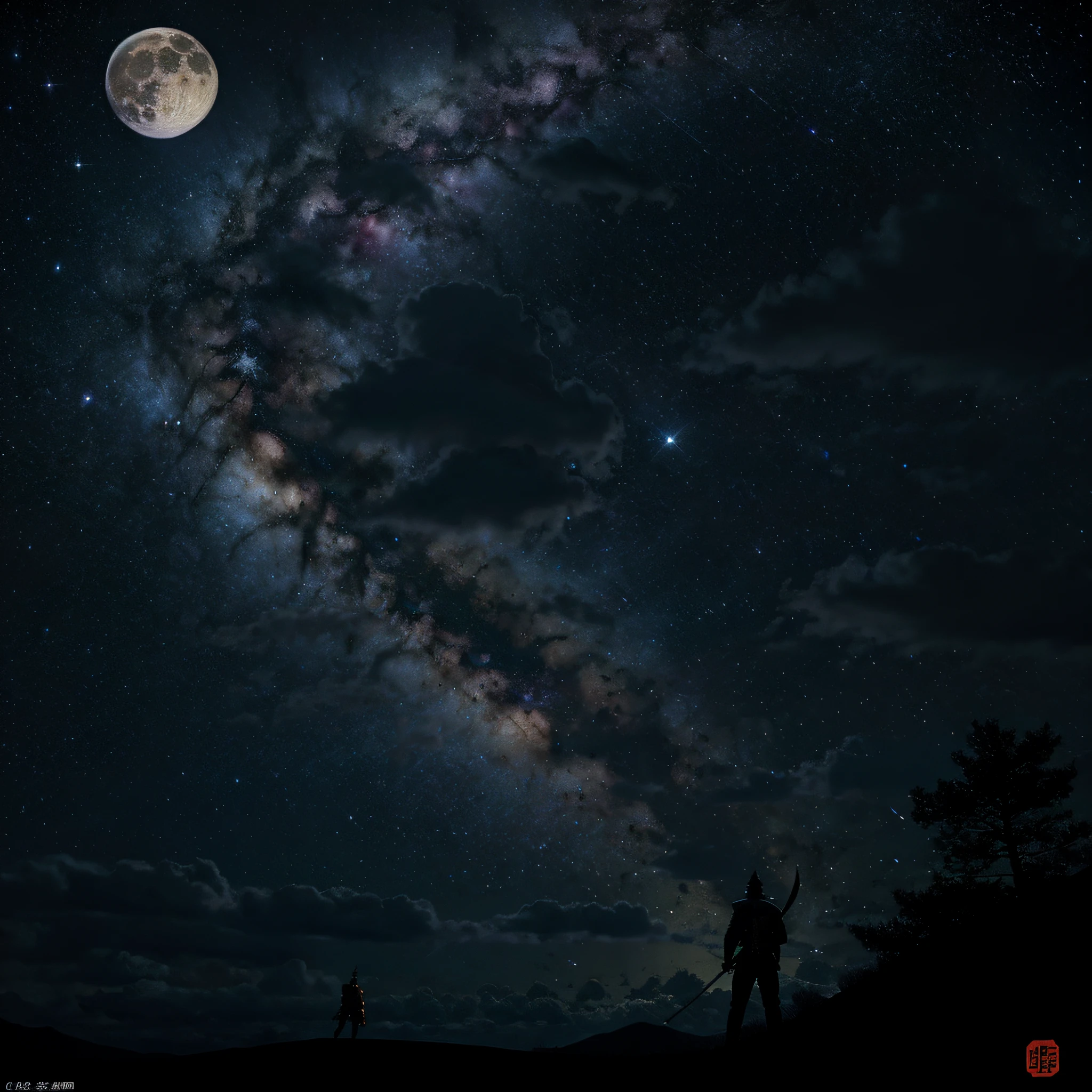 Huge Milky Way, starry clear night sky, can see the brilliant Milky Way starry sky in the sky, accompanied by a bright full moon, there is a Chinese man warrior at the bottom left, looking up at a 45-degree perspective, back close-up, fairy style