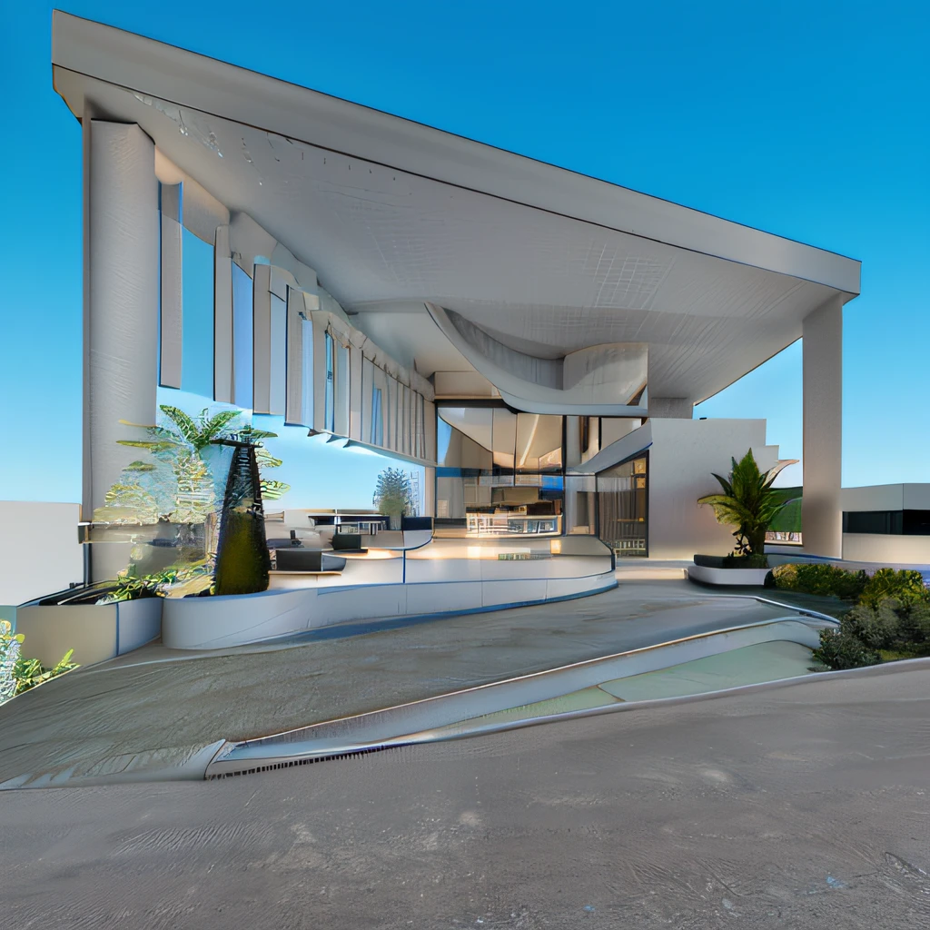 rendering of a modern building with a curved roof and a glass wall, digital rendering, conceptual rendering, detailed rendering, architectural rendering, architecture rendering, artist printing, architectural visualization, architectural concept, photographic rendering, intermediate view, conceptual image, digital rendering, architectural rendering, rendering, artist printing, detailed renderings, architectural 3D rendering,  Digital rendering, 8K.