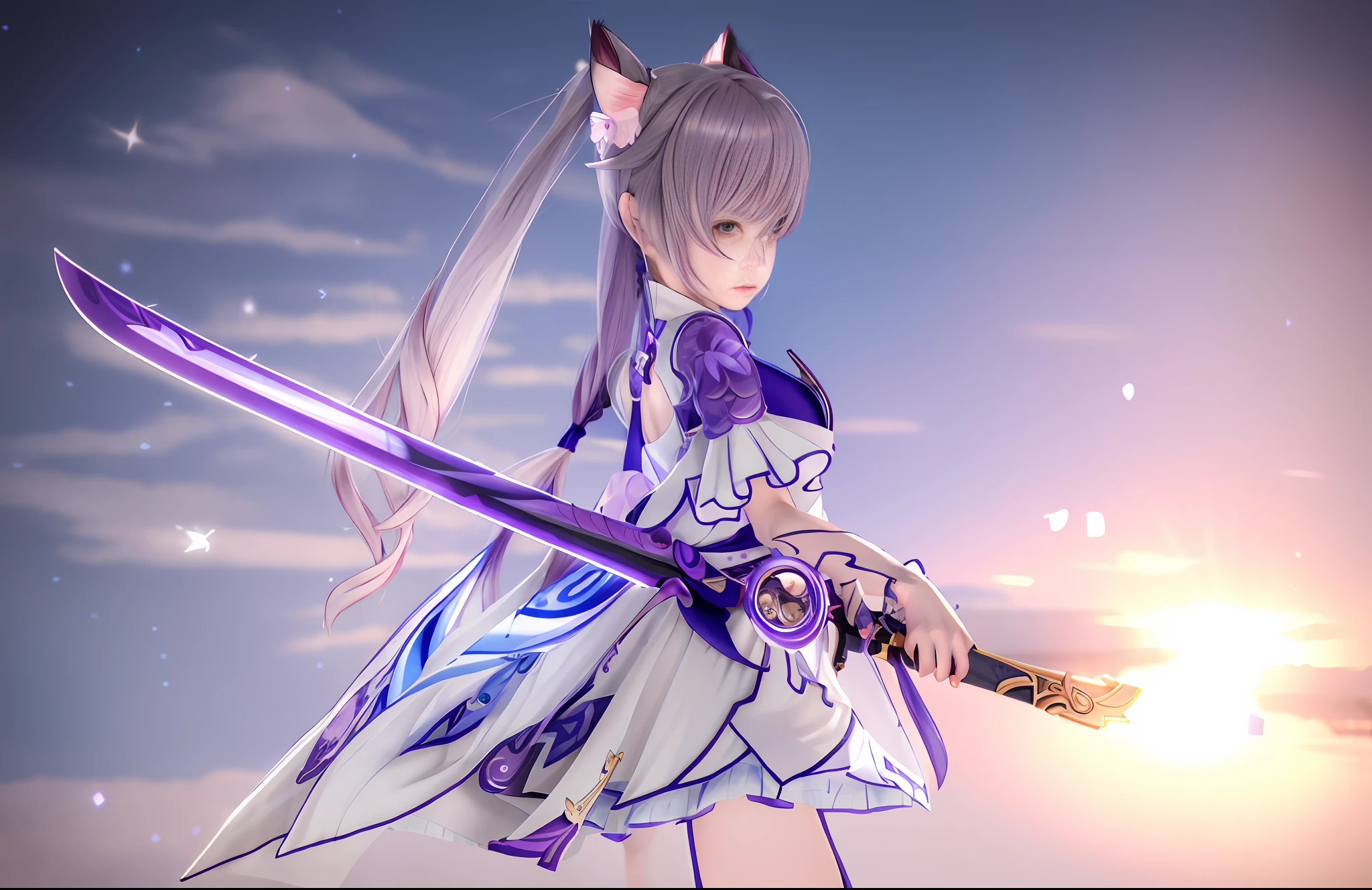 Real 3D, woman in blue dress holding sword in front of purple background, Ayaka Genshin Impact, Genshin Impact Kechin, Genshin Impact character, Ayaka Game Genshin Impact, Genshin Impact Nakazato, Katana Zero video game character, Genshin Impact style, detailed key anime art, Genshin, portrait Zodiac Girl Knight, masterpiece, (Photorealistic: 1.4), Top Quality, Beautiful Lighting, (ulzzang-6500:0.5), (Gray Hair) + (Long Hair) + (Bangs), Purple Eyes, Luminous Eyes, (Ticking), Genshin Impact, Cat Ears, Detailed Neon, RAW Photos, 8k UHD, Film Grain