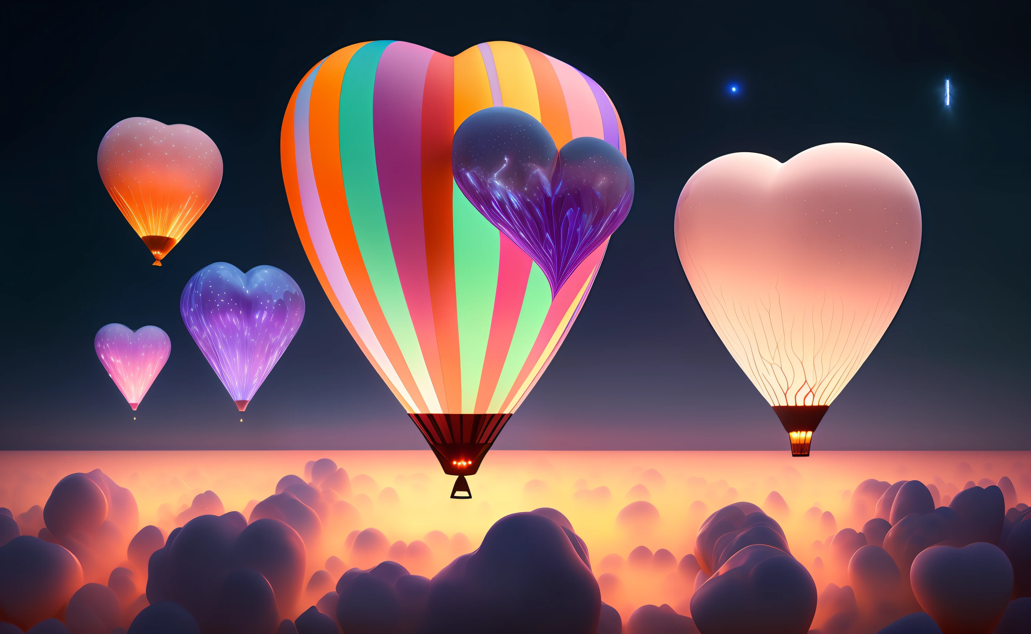 Step into a realm of ethereal beauty as you gaze upon a breathtaking photograph of small heart-shaped bioluminescent balloons floating above the clouds. This captivating image showcases a flawless composition, where every element is meticulously placed to create a visually stunning masterpiece. The intricate details of the balloons are brought to life with exceptional clarity, illuminating their enchanting glow against the backdrop of the sky. The composition adheres to the principles of the golden ratio, ensuring a harmonious and aesthetically pleasing arrangement. This artwork is a true testament to creativity and imagination, captivating viewers with its otherworldly charm. The photograph is expertly captured in mesmerizing 4K resolution, allowing every viewer to appreciate the intricate beauty and artistic essence of this scene