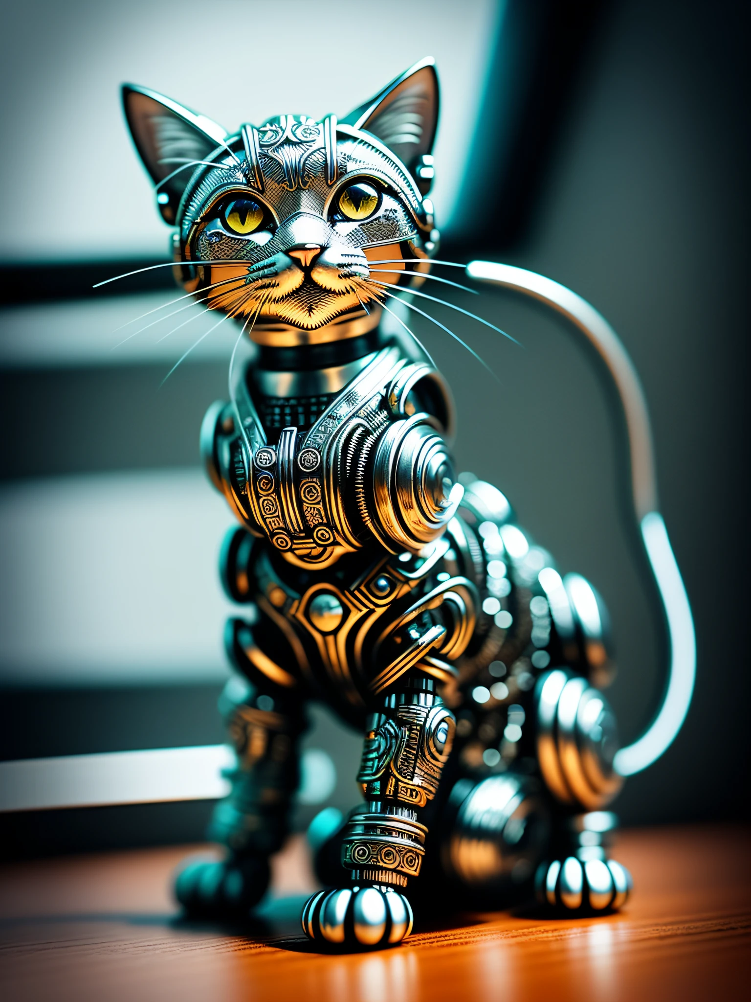 a cute kitten made out of metal, (cyborg:1.1), ([tail | detailed wire]:1.3), (intricate details), hdr, (intricate details, hyperdetailed:1.2), cinematic shot, vignette, centered