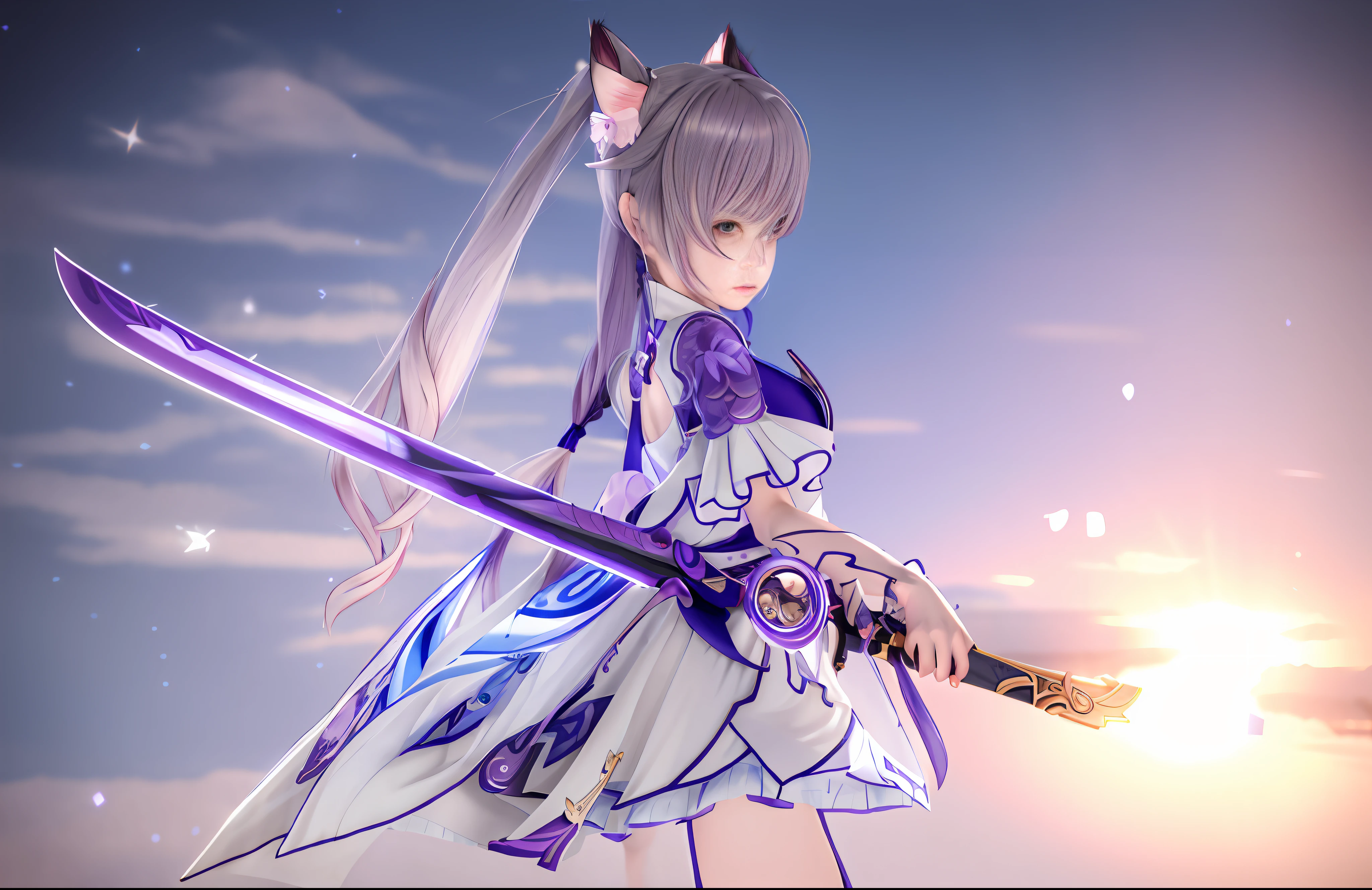 Real 3D, woman in blue dress holding sword in front of purple background, Ayaka Genshin Impact, Genshin Impact Kechin, Genshin Impact character, Ayaka Game Genshin Impact, Genshin Impact Nakazato, Katana Zero video game character, Genshin Impact style, detailed key anime art, Genshin, portrait Zodiac Girl Knight, masterpiece, (Photorealistic: 1.4), Top Quality, Beautiful Lighting, (ulzzang-6500:0.5), (Gray Hair) + (Long Hair) + (Bangs), Purple Eyes, Luminous Eyes, (Ticking), Genshin Impact, Cat Ears, Detailed Neon, RAW Photos, 8k UHD, Film Grain