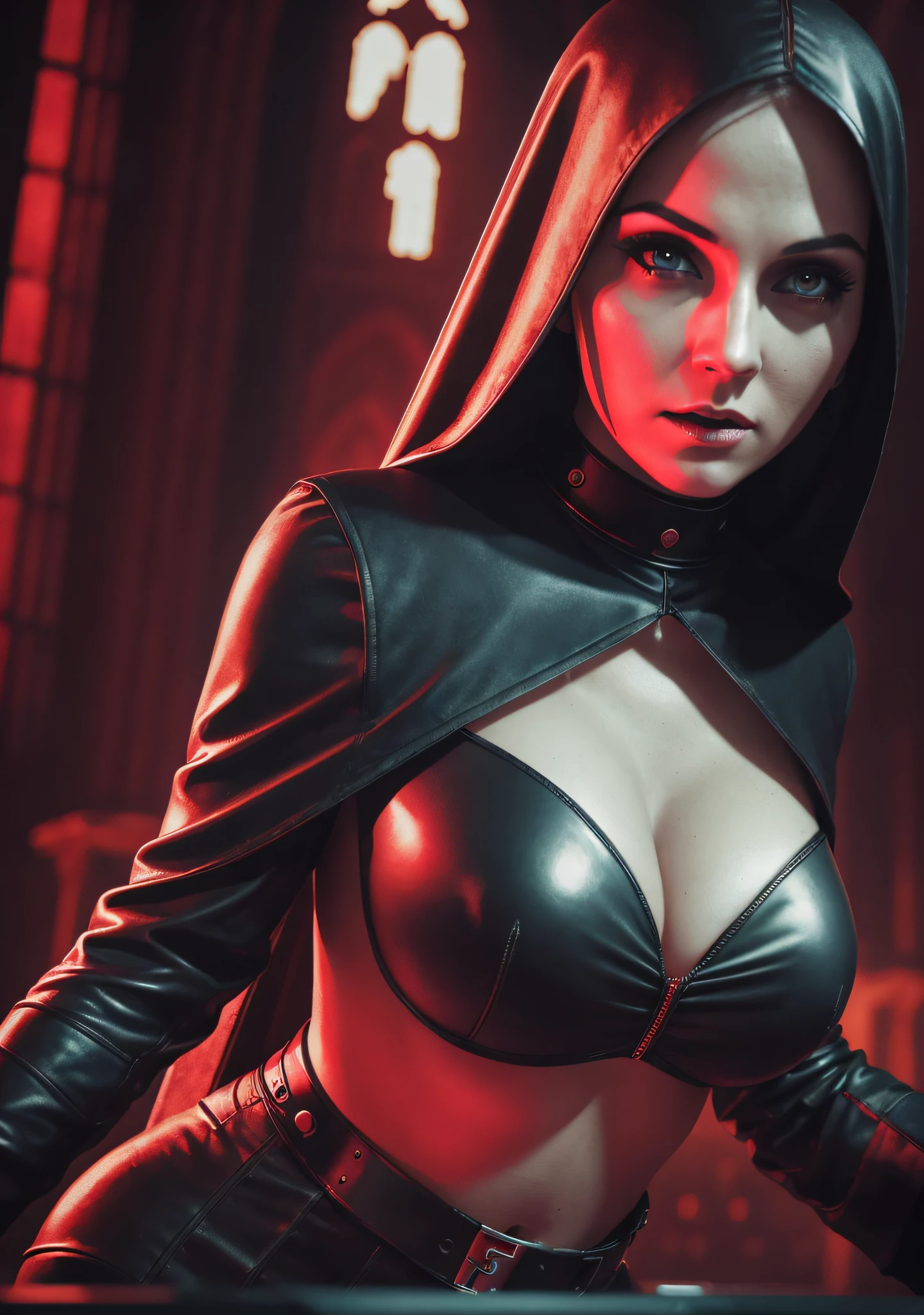 woman dj nun, dark, horror, red tones, gothic church in the background, ultra realistic, horror movie lighting, scary, chaos, neon lights in the background, realistic, dark, huge breast, Fujifilm Fujichrome Provia 100F movie, flashlight, ultra realistic, 8K UHD. --auto --s2