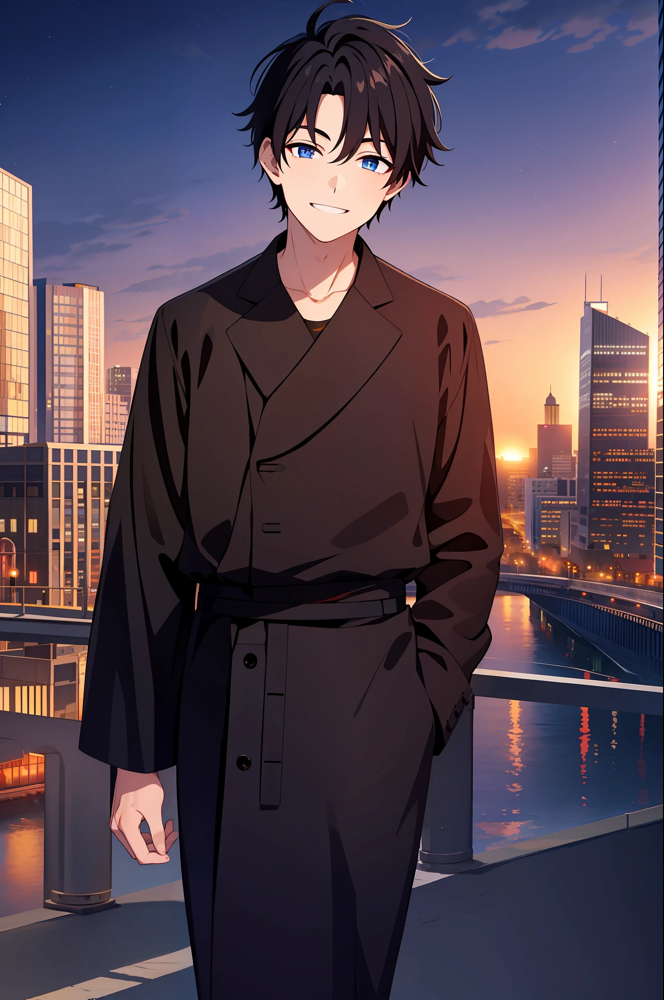 masterpiece, best quality, one boy, black hair, standing, night sky, city, sunset, skyscraper, bridge, black, red, orange, brown, autumn, haze,look at viewer,blue eyes,smile