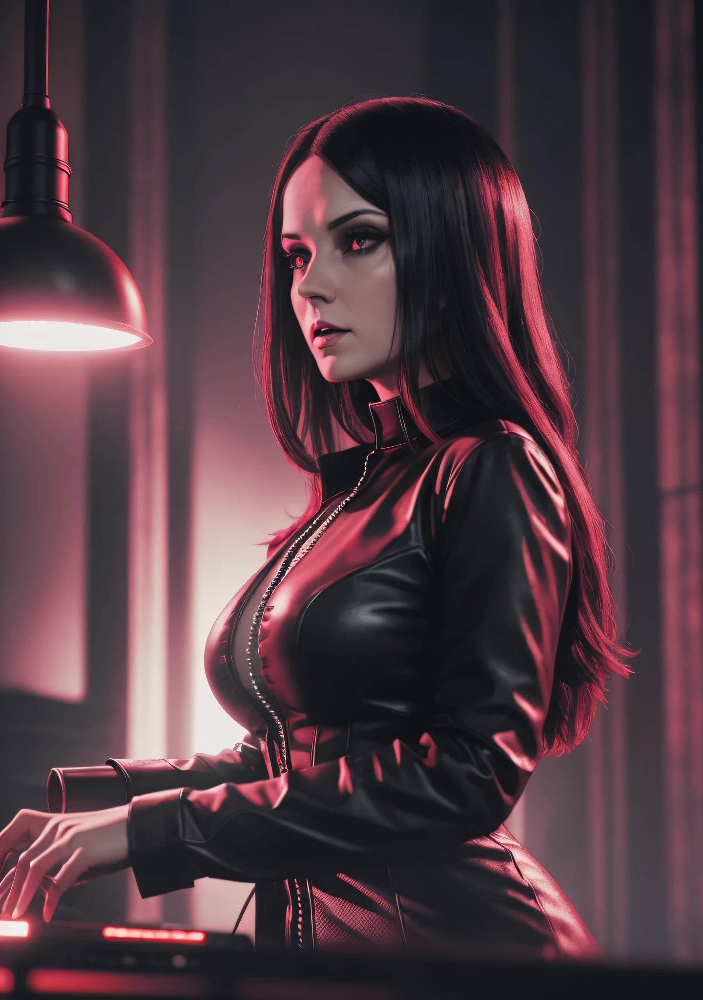 woman dj nun, dark, horror, red tones, gothic church in the background, ultra realistic, horror movie lighting, scary, chaos, neon lights in the background, realistic, dark, huge breast, Fujifilm Fujichrome Provia 100F movie, flashlight, ultra realistic, 8K UHD. --auto --s2