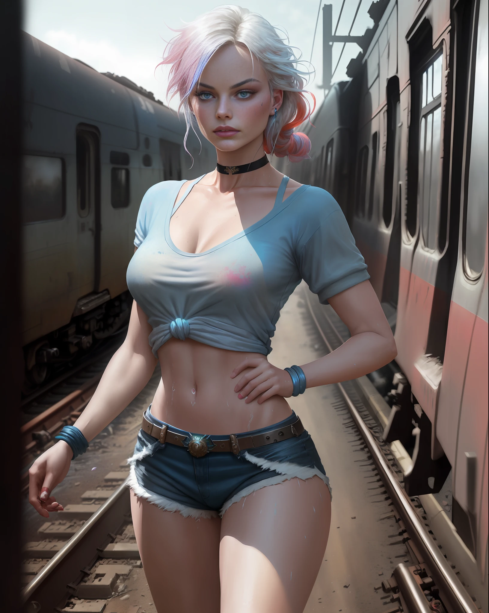 MARGOT ROBBIE, lipstick and makeup blurred, sweaty body, white hair tied and divided into blue and pink, white T-shirt with red (T-shirt given a knot), very short red and blue shorts, black bracelet, black choker, boot, train track, abandoned train, abandoned cars, deserted road, (photo with better quality, a masterpiece, sensual, ultra detailed,  ultra realistic, depth of field, HD, 85mm lens), intricate elegant, fantasy, detailed, metric by Greg Rutkowski and Alphonse Mucha, gradient lighting, dramatic effect, film style