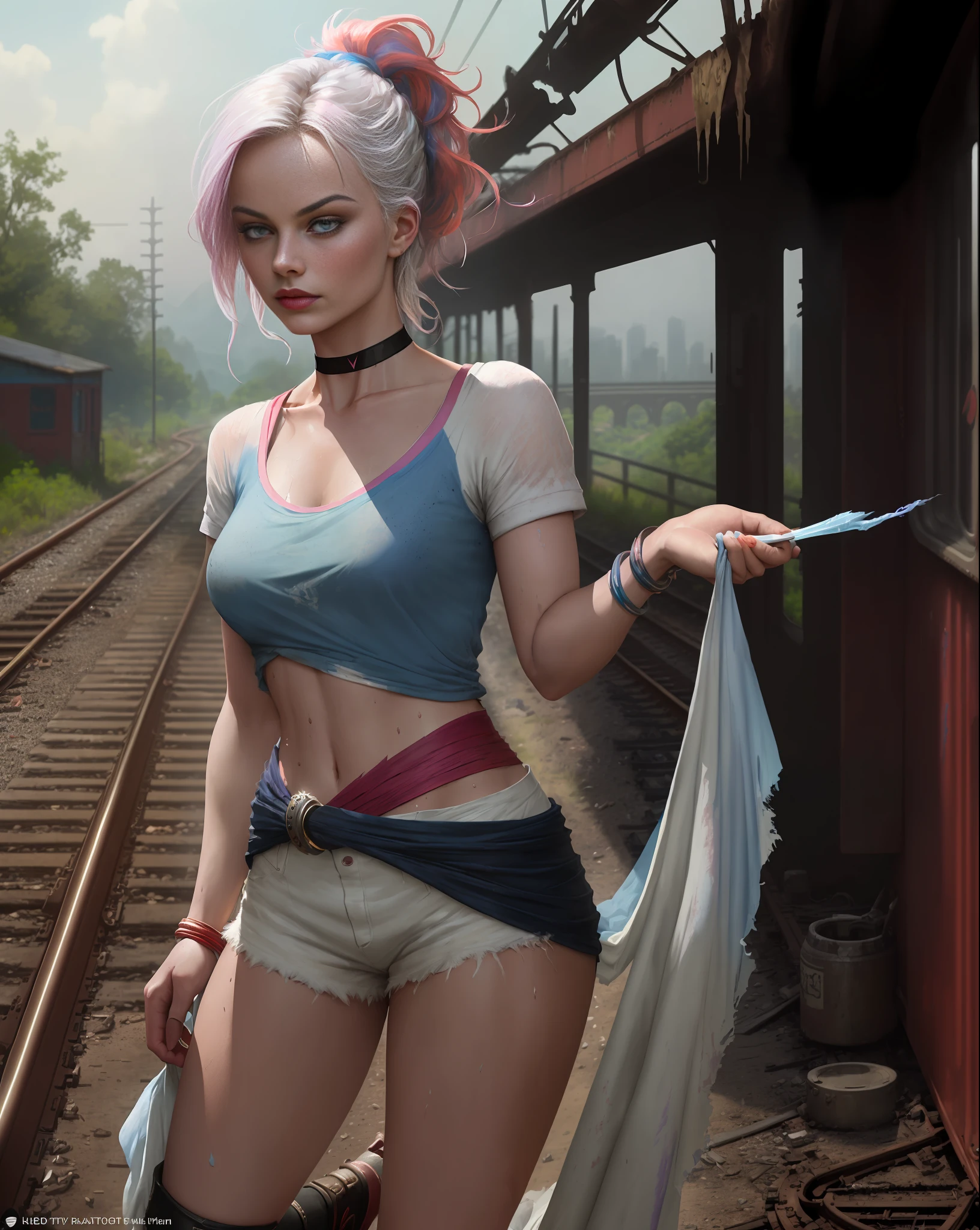 MARGOT ROBBIE, lipstick and makeup blurred, sweaty body, white hair tied and divided into blue and pink, white T-shirt with red (T-shirt given a knot), very short red and blue shorts, black bracelet, black choker, boot, train track, abandoned train, abandoned cars, deserted road, (photo with better quality, a masterpiece, sensual, ultra detailed,  ultra realistic, depth of field, HD, 85mm lens), intricate elegant, fantasy, detailed, metric by Greg Rutkowski and Alphonse Mucha, gradient lighting, dramatic effect, film style