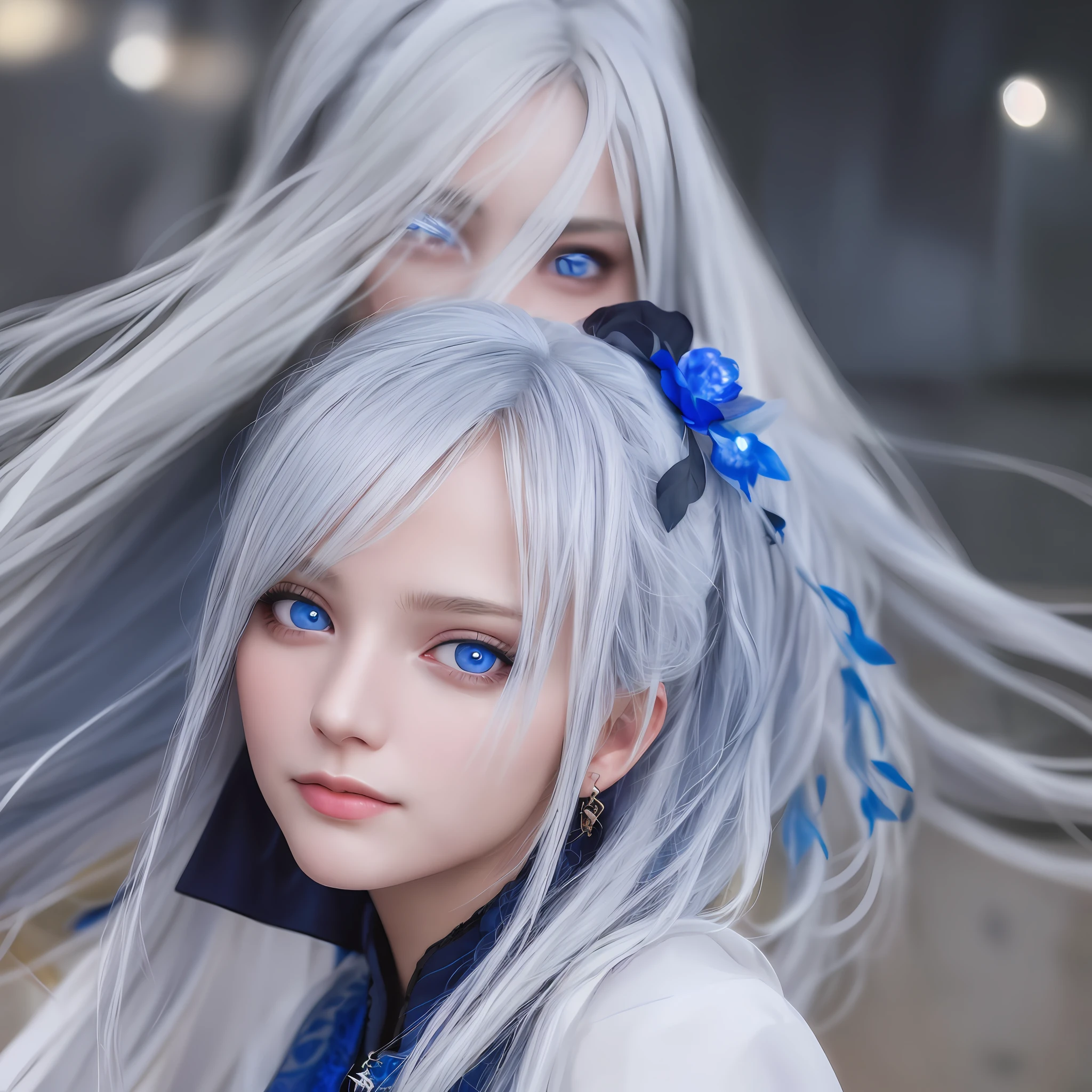 best quality, masterpiece, 1girl, Beautiful face, (blue eyes), (white hair), (photo realistic:1.3), rim lighting, (high detailed skin:1.2), 8k uhd, dslr, high quality, high resolution, 4k, 8k, Bokeh, absurdres, ponytail, best ratio four finger and one thumb, (realistic:1.2), ulzzang,