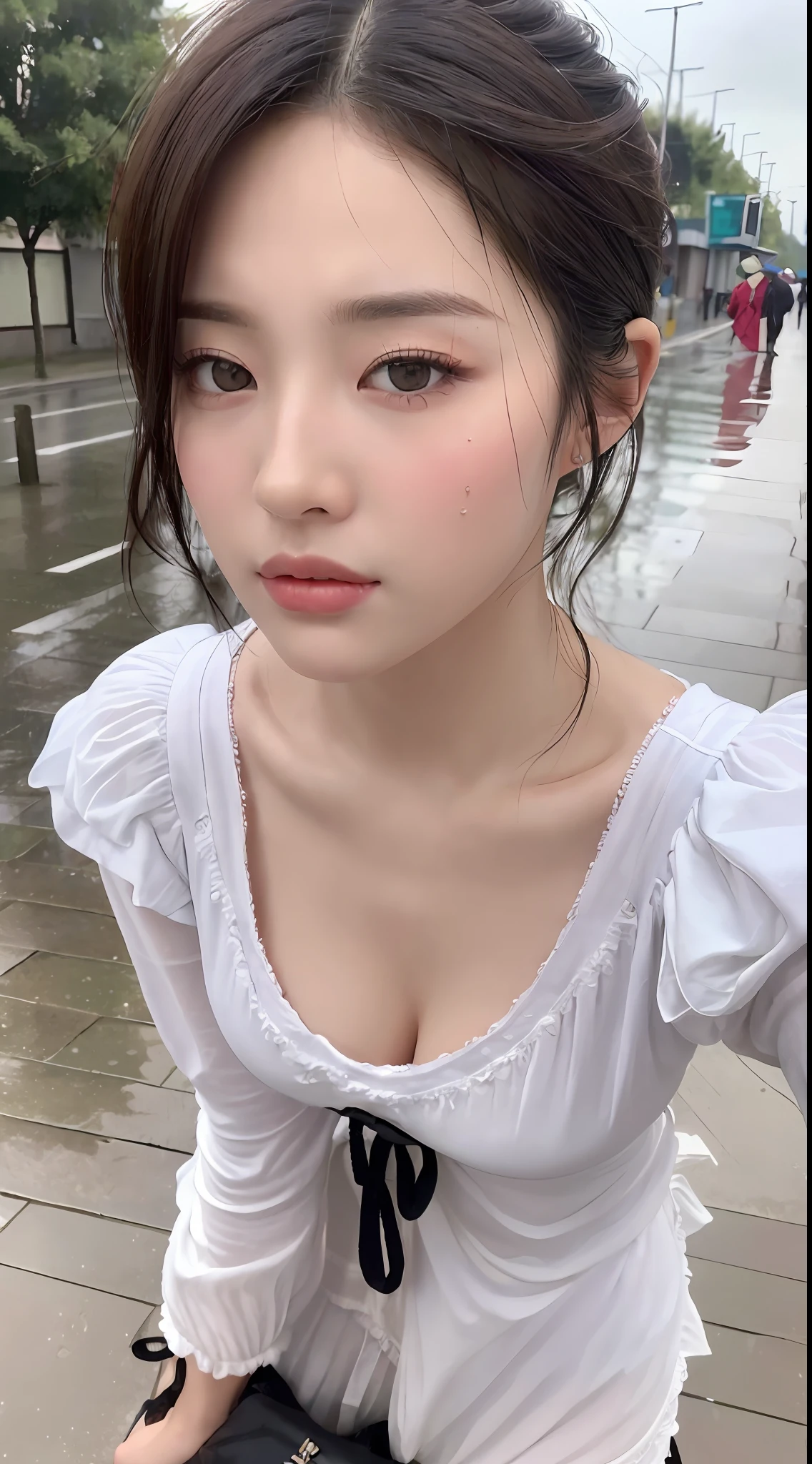 ((Best Quality, 8k, Masterpiece:1.3)), Focus: 1.2, Perfect Body Beauty: 1.4, Buttocks: 1.2, (Layered Short Hair: 1.2)), (Rain, Street:1.3), Highly detailed face and skin texture, Fine eyes, Double eyelids, Whitened skin, sweet_lolita