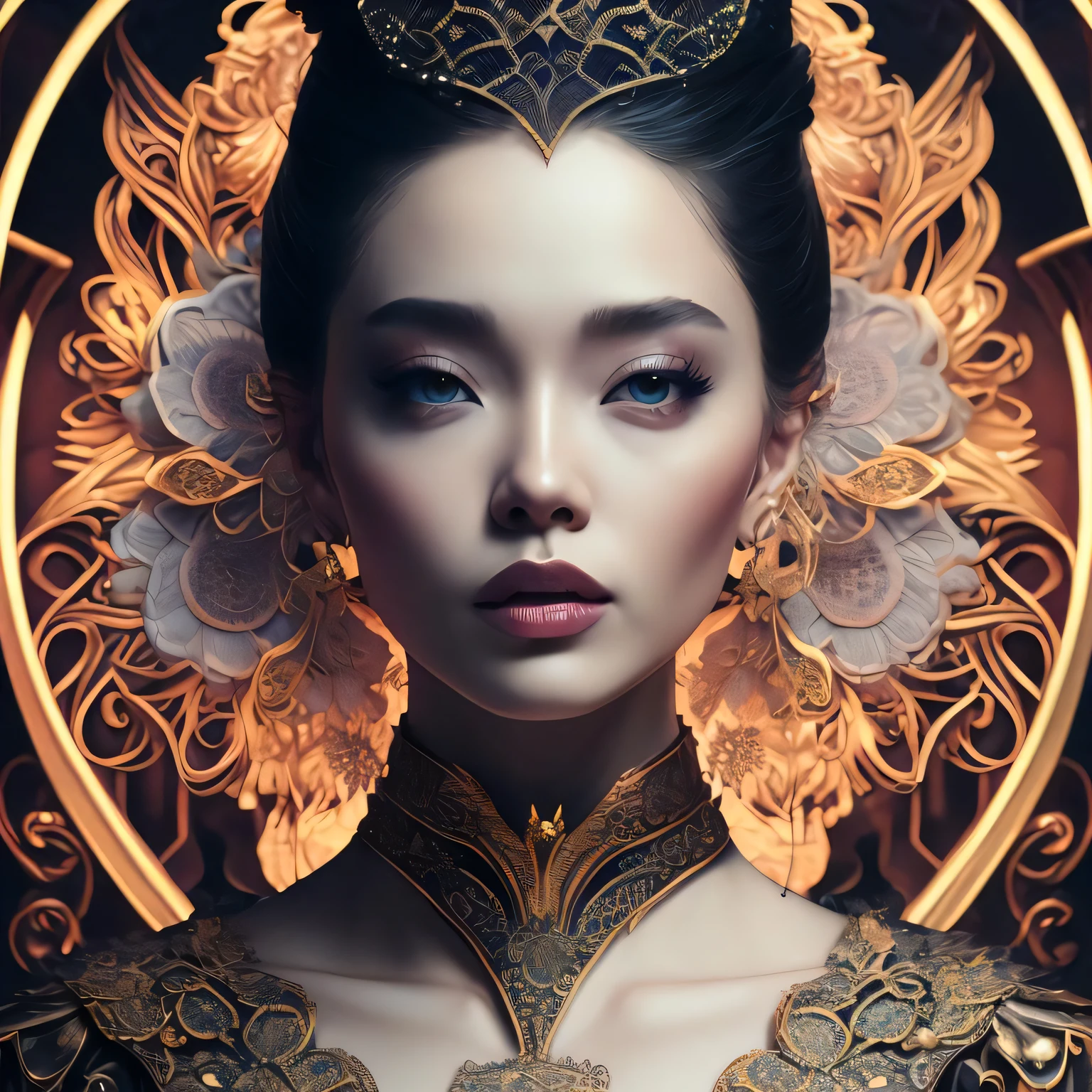 ultrarealistic portrait of a woman, 8k photographic style filigree fractal details intricate ornate outfit hypermaximalist sharp focus, dramatic lighting, highly detailed and intricate, hyper maximalist, ornate, luxury, elite, haunting, matte painting, cinematic, cgsociety, James jean, Brian Froud, Ross Tran