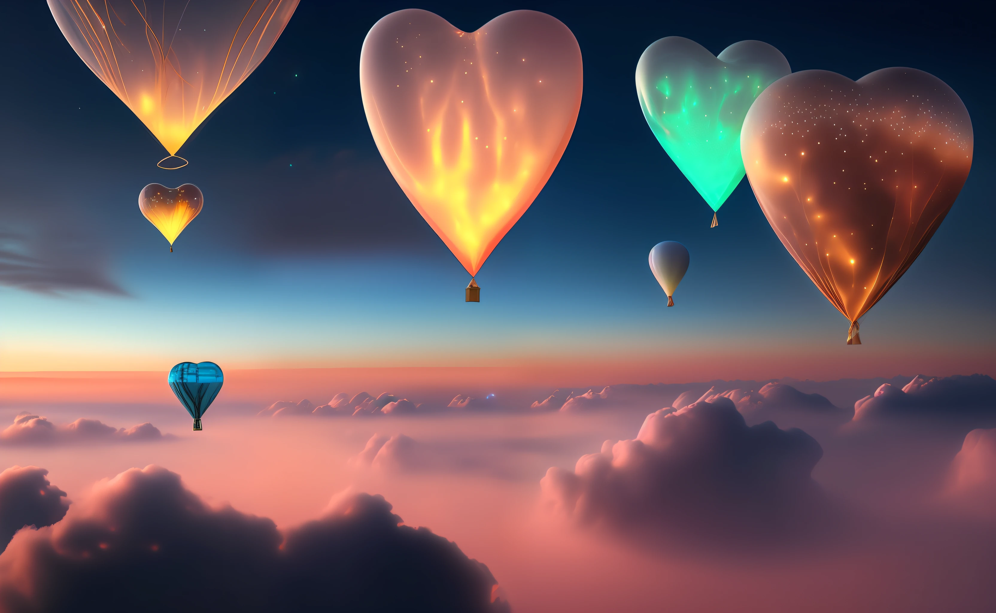Step into a realm of ethereal beauty as you gaze upon a breathtaking photograph of small heart-shaped bioluminescent balloons floating above the clouds. This captivating image showcases a flawless composition, where every element is meticulously placed to create a visually stunning masterpiece. The intricate details of the balloons are brought to life with exceptional clarity, illuminating their enchanting glow against the backdrop of the sky. The composition adheres to the principles of the golden ratio, ensuring a harmonious and aesthetically pleasing arrangement. This artwork is a true testament to creativity and imagination, captivating viewers with its otherworldly charm. The photograph is expertly captured in mesmerizing 4K resolution, allowing every viewer to appreciate the intricate beauty and artistic essence of this scene