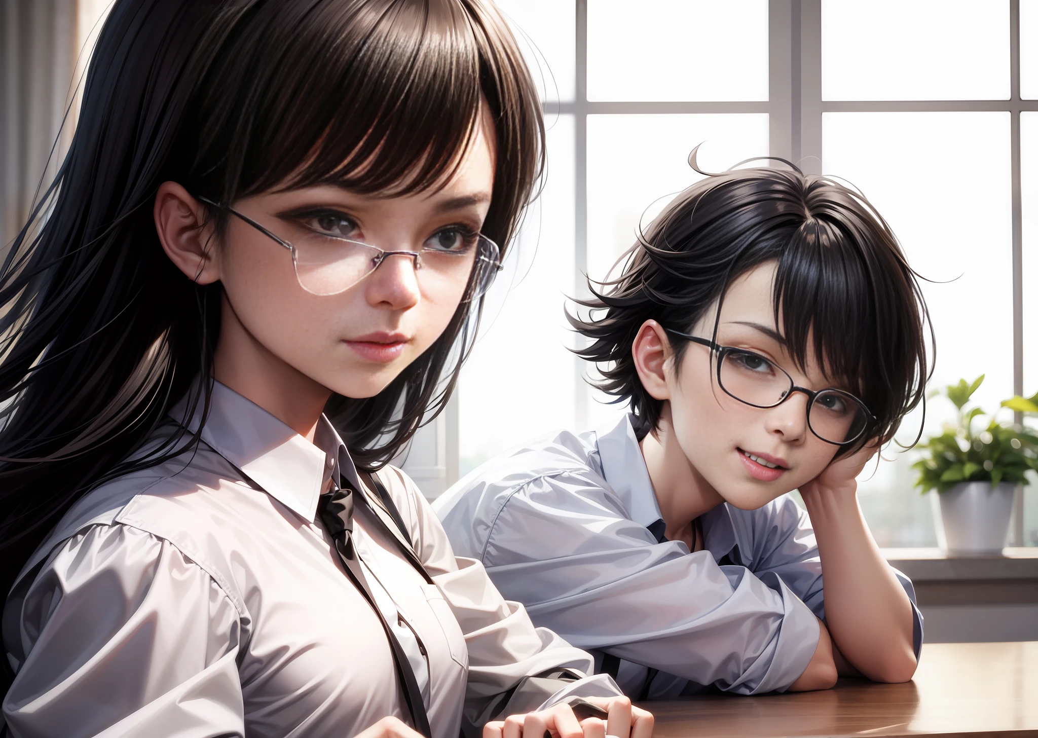 "A smug expression on 1 boy's face with an open mouth smile and 1 girl wearing glasses with a focused yet annoyed expression."