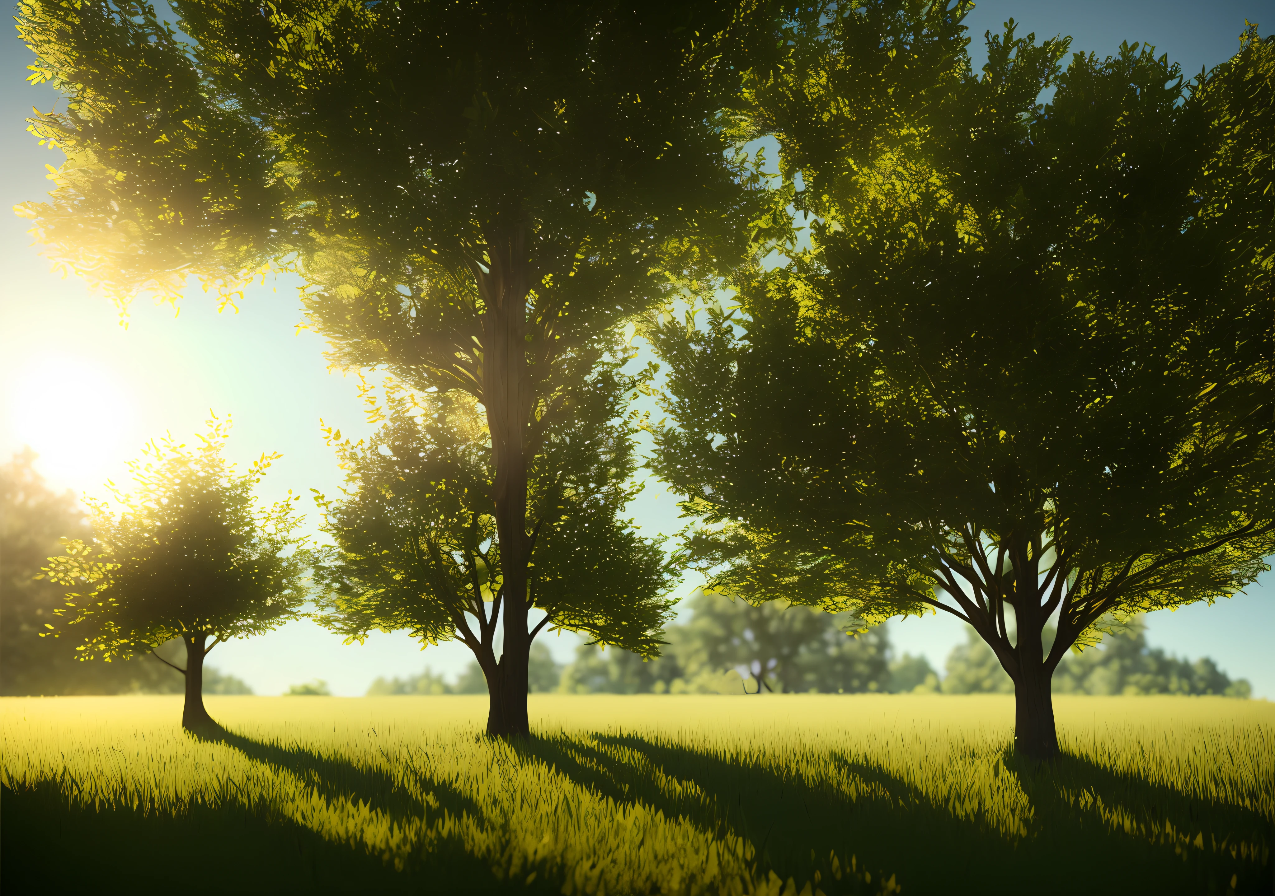 single tree in calm  landscape, Photorealistic,extremely detailed, Intricate, sunny atmosphere, octane render