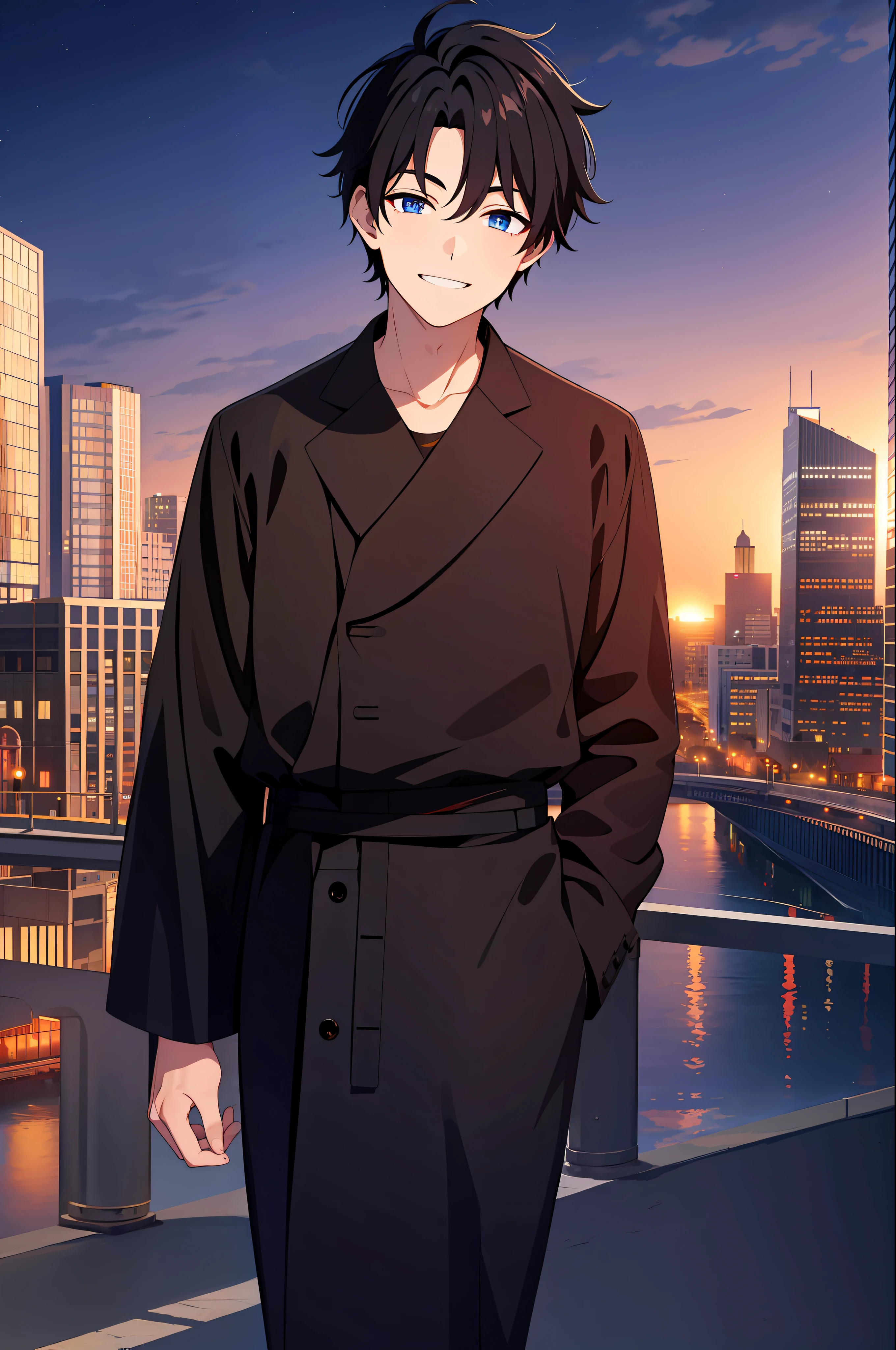 masterpiece, best quality, one boy, black hair, standing, night sky, city, sunset, skyscraper, bridge, black, red, orange, brown, autumn, haze,look at viewer,blue eyes,smile