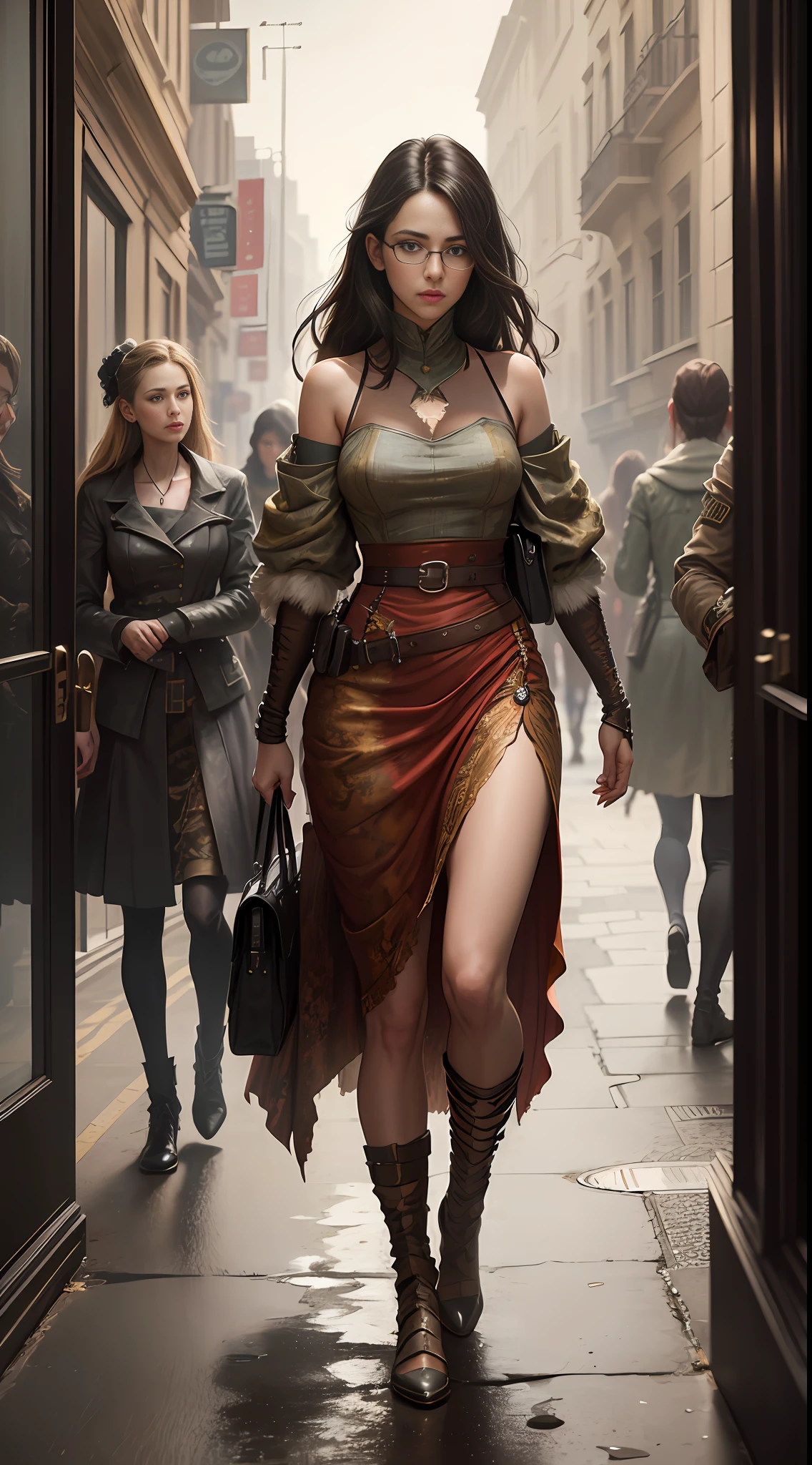 (((6 Girls))) (genetic artwork), realistic epic, hyperrealistic style. with bright blue eyes.walking down a city street with a (((red camouflaged dress)))), Jeremy Mann style, James Gurney painting style, fully clothed. sexy painting, jeremy mann art, by Marek Okon, Leonid Afremov painting, wadim kashin. ultra-realistic, by Carlos Berlanga, influenced by Jeremy Mann, elegant Clean Lines. Military camouflage sexy clothing. (((6 Girls))). Glasses reflecting light, art by greg rutkowski and artgerm, soft cinematic light, adobe lightroom, photolab, hdr, intricate, highly detailed, (depth of field:1.4), (natural skin texture, hyperrealism, soft light, sharp:1.2), (dark photo:1.22), neutral colors, (hdr:1.4), (muted colors:1.4), (intricate), (artstation:1.2), hyperdetailed, dramatic, intricate details, (technicolor:0.9), (rutkowski:0.8), cinematic, detailed,  (intricate details:1.12), HDR, (intricate details, hyperdetailed:1.15)