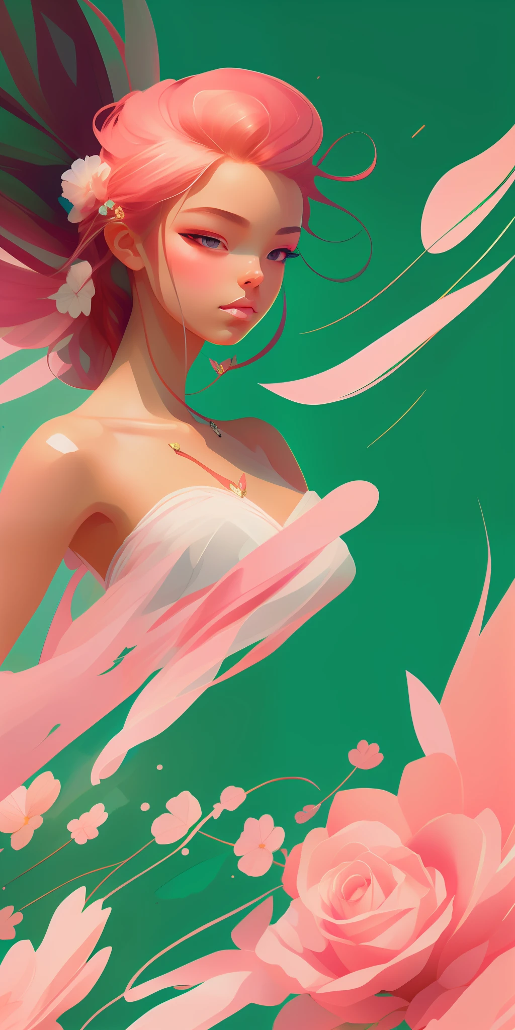 wtrcolor style, (pink) digital art, official art, windblowing, masterpiece, beautiful,highest quality, high resolution image,8k, most beautiful woman, sweet smile, sexy dress,redhead, little butterflies in hair, abundant hair,windless hair, wind-blown dress, rose petals in the air,((watercolor)),  paint splash, intricate detail. Great detail, [drip: 0.7], Trends in Artstation, Rachel Walker, pastel green background