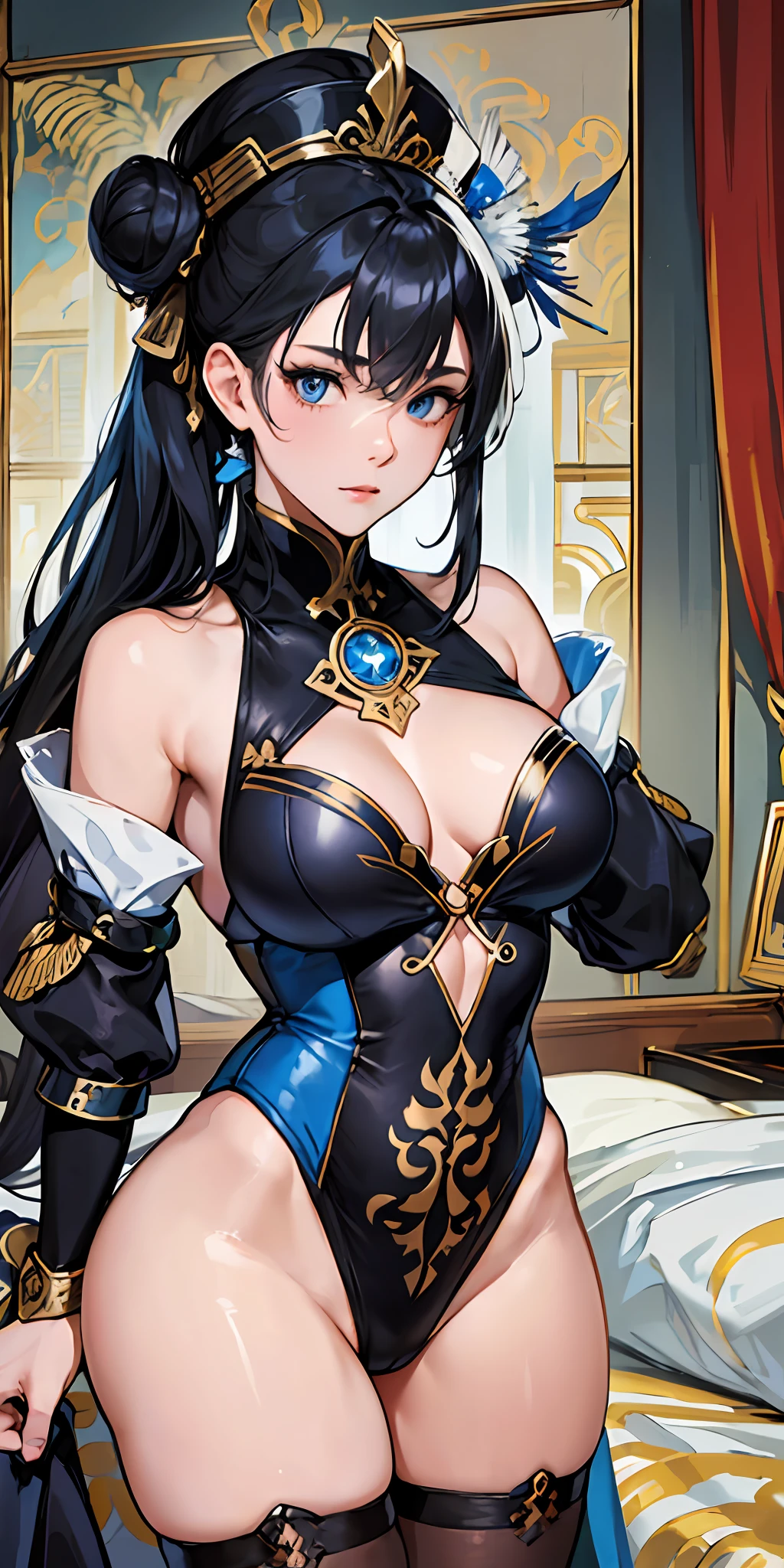 (masterpiece, best quality, ultra detailed), (illustration), (beautiful detailed eyes), blue eyes, ((highly detailed face)), long hair, black hair, side ponytail, single side bun, hair topper feathered, hair ornament, hat, sidelocks, (1girl), (solo), ushiwakamaru \(fate\), armor, asymmetrical sleeves, bangs, black leotard, leotard, chest drapes, medium breasts, split sleeves, hugging natural beauty, seductive and powerful expression, thighs,, (hotel room:1.3), by Pinta \(ayashii bochi\), --auto --s2