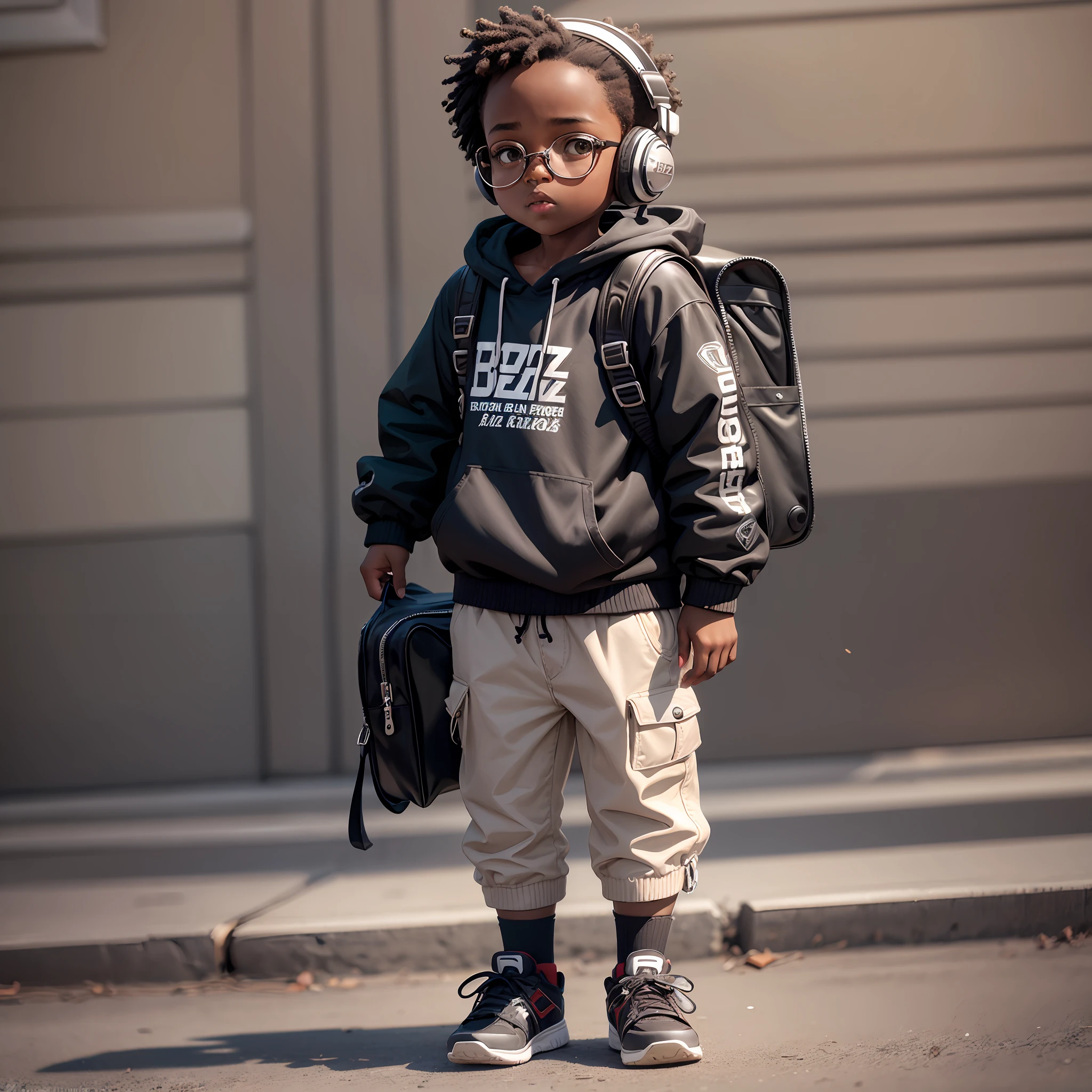 cbzbb, Full body, Black child, with round glasses with lenses of dark brown color, urban style, neutral background, school backpack and headset on the neck. (child:1.3) --auto --s2
