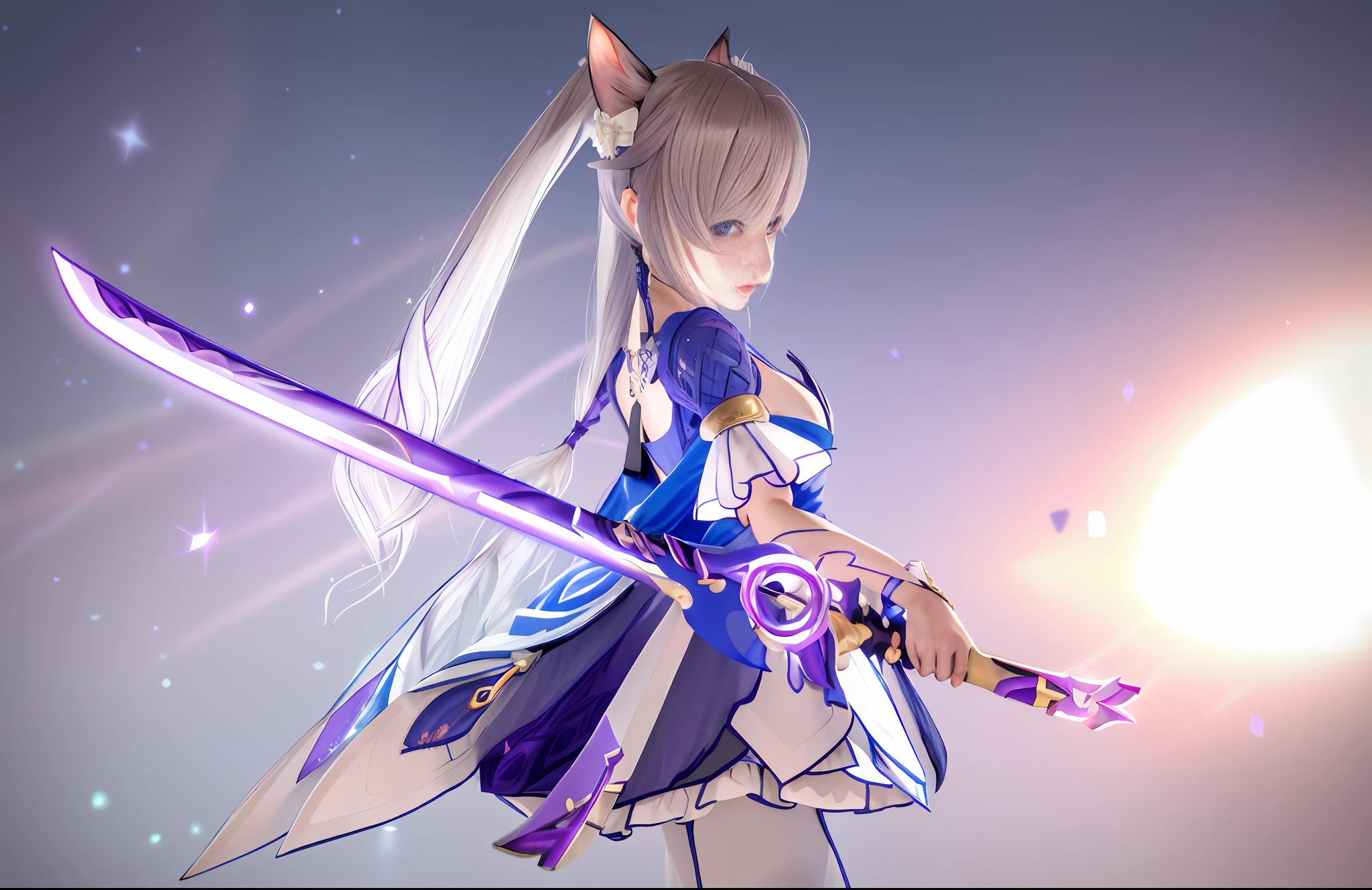 Real 3D, woman in blue dress holding sword in front of purple background, Ayaka Genshin Impact, Genshin Impact Kechin, Genshin Impact character, Ayaka Game Genshin Impact, Genshin Impact Nakazato, Katana Zero video game character, Genshin Impact style, detailed key anime art, Genshin, portrait Zodiac Girl Knight, masterpiece, (Photorealistic: 1.4), Top Quality, Beautiful Lighting, (ulzzang-6500:0.5), (Gray Hair) + (Long Hair) + (Bangs), Purple Eyes, Luminous Eyes, (Ticking), Genshin Impact, Cat Ears, Detailed Neon, RAW Photos, 8k UHD, Film Grain